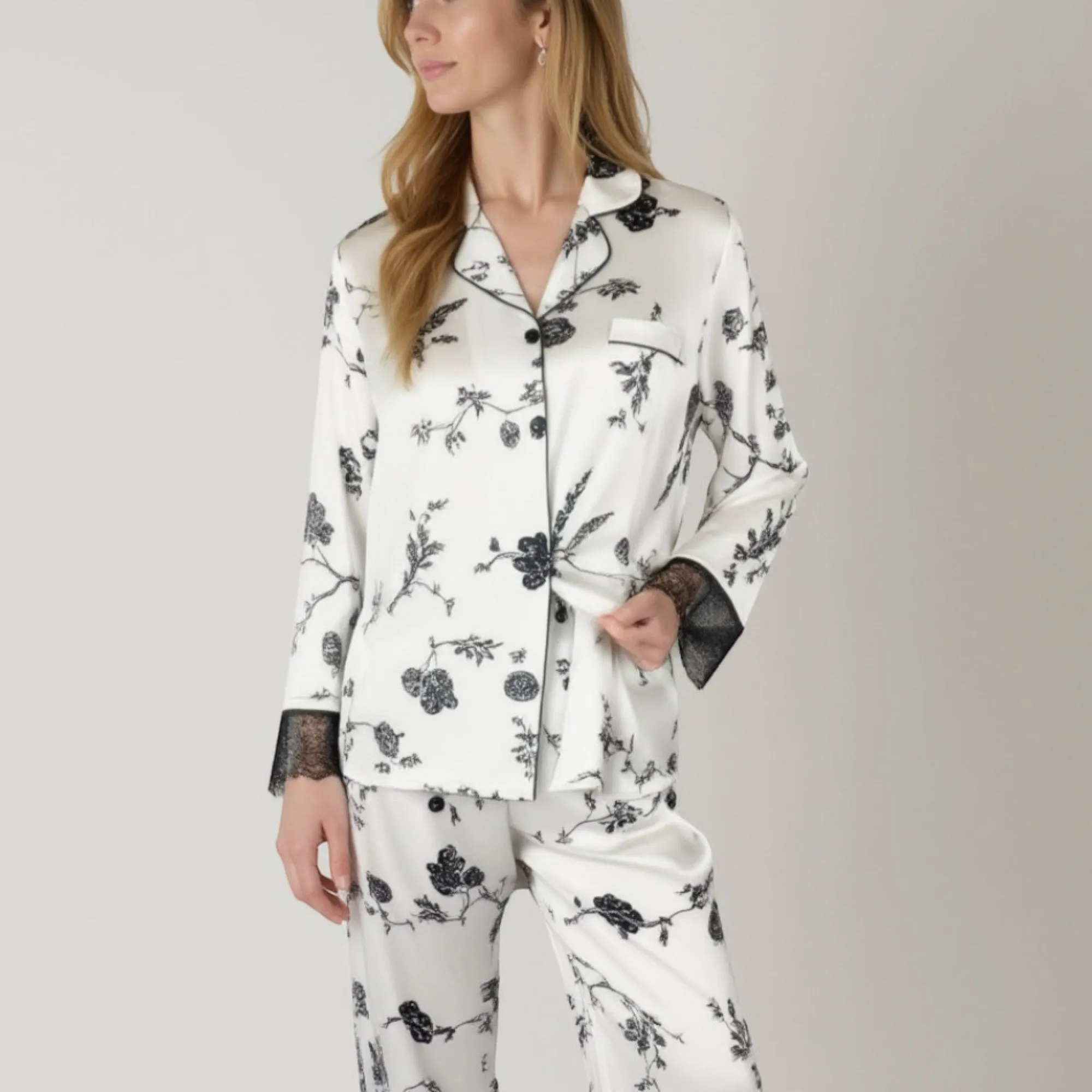 Anna-Kaci Lounge Women's Satin Pajama Set with Floral Print Long Sleeves and Lace Trim Cuffs and Hem sold by Anna-Kaci product image thumbnail 3