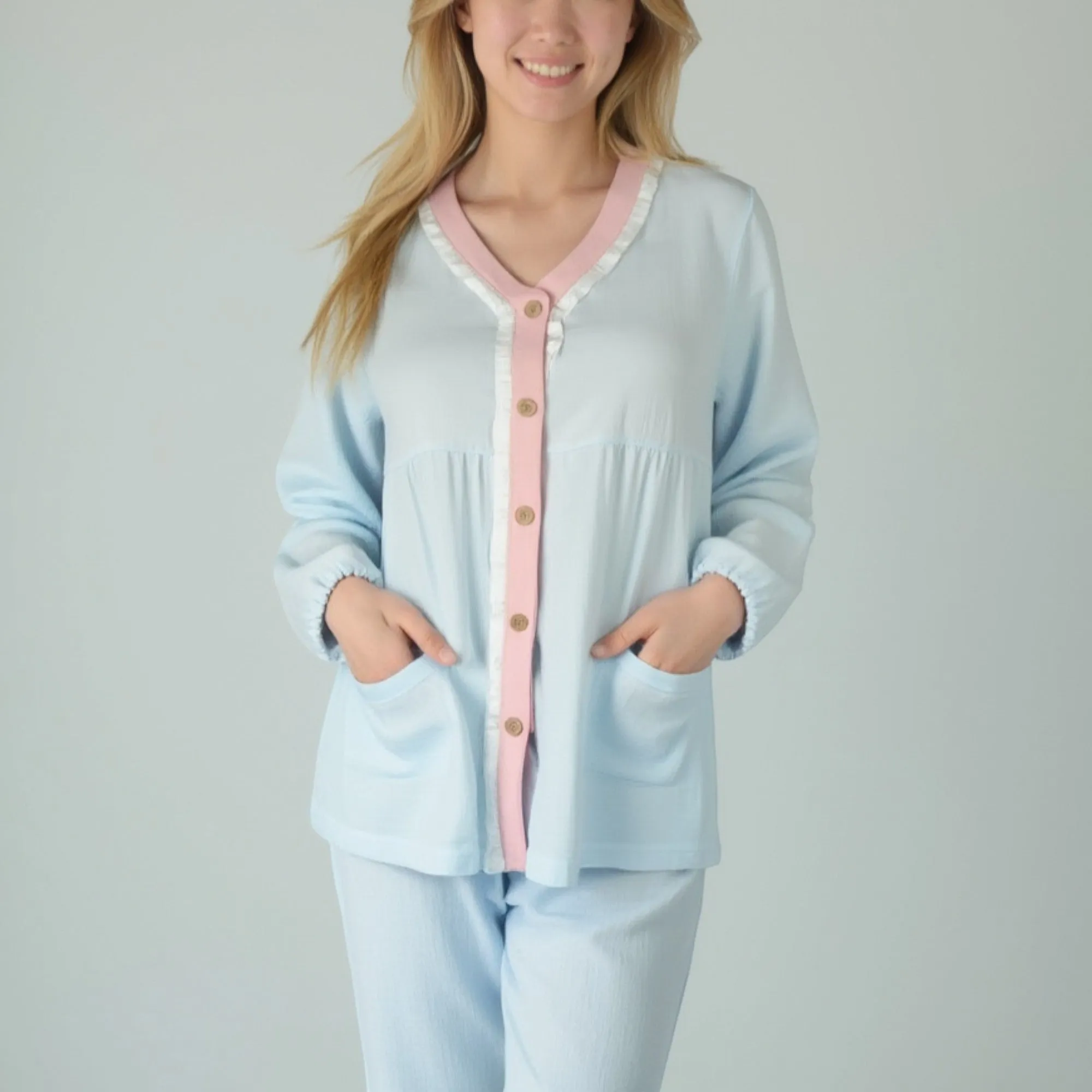 Anna-Kaci Lounge Women's Long Sleeve Button Up Pajama Set with Ruffle Trim and Front Patch Pockets sold by Anna-Kaci product image thumbnail 4