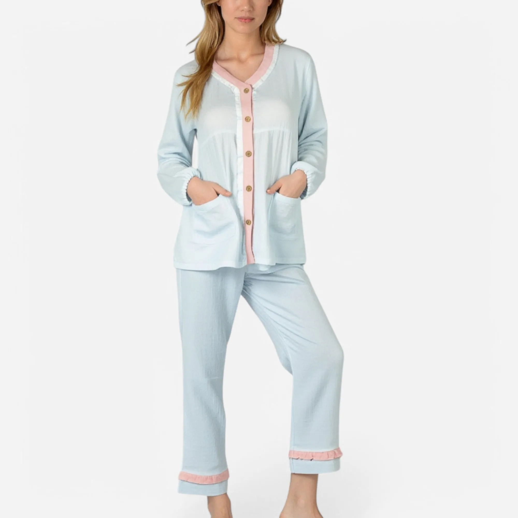 Anna-Kaci Lounge Women's Long Sleeve Button Up Pajama Set with Ruffle Trim and Front Patch Pockets sold by Anna-Kaci