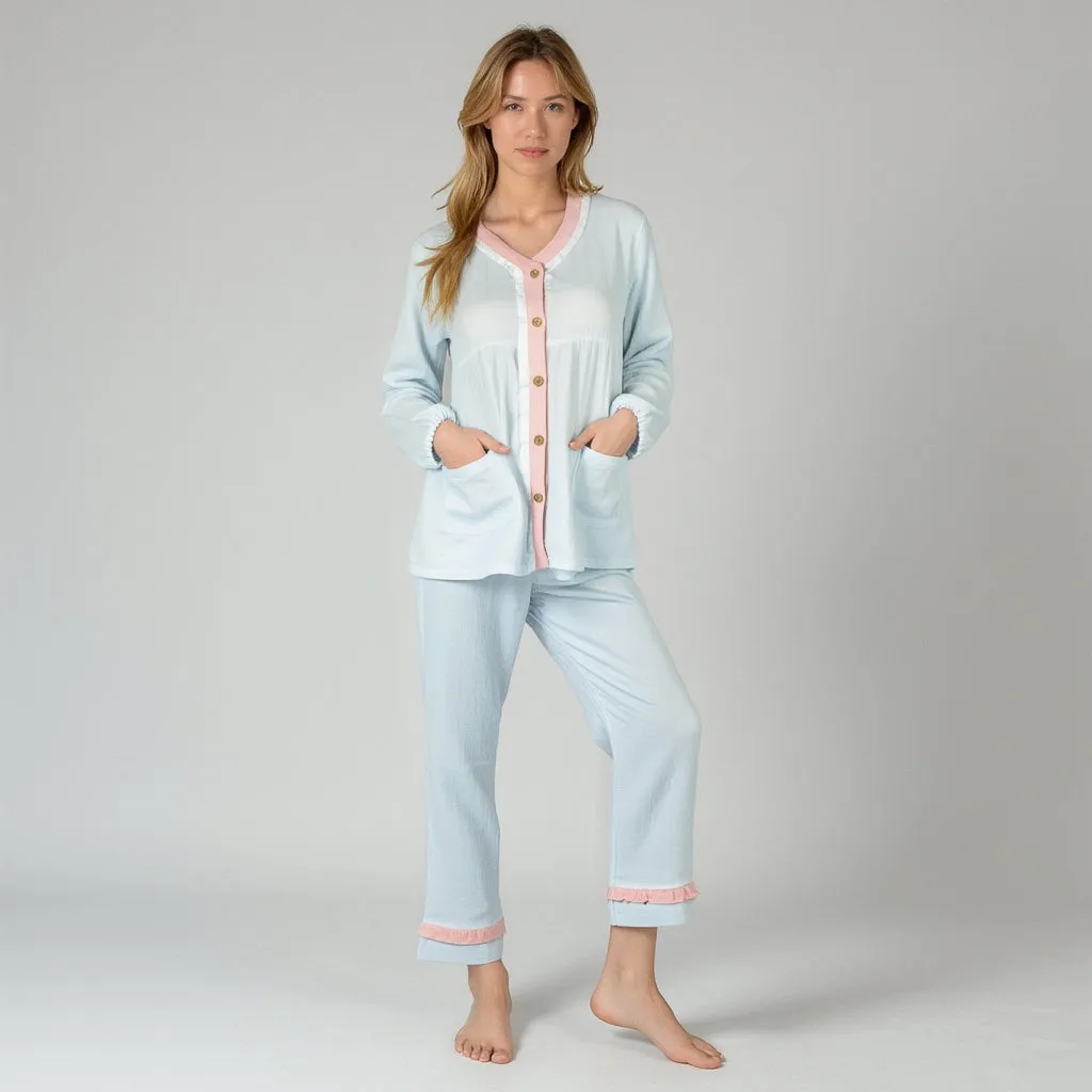 Anna-Kaci Lounge Women's Long Sleeve Button Up Pajama Set with Ruffle Trim and Front Patch Pockets sold by Anna-Kaci product image thumbnail 2