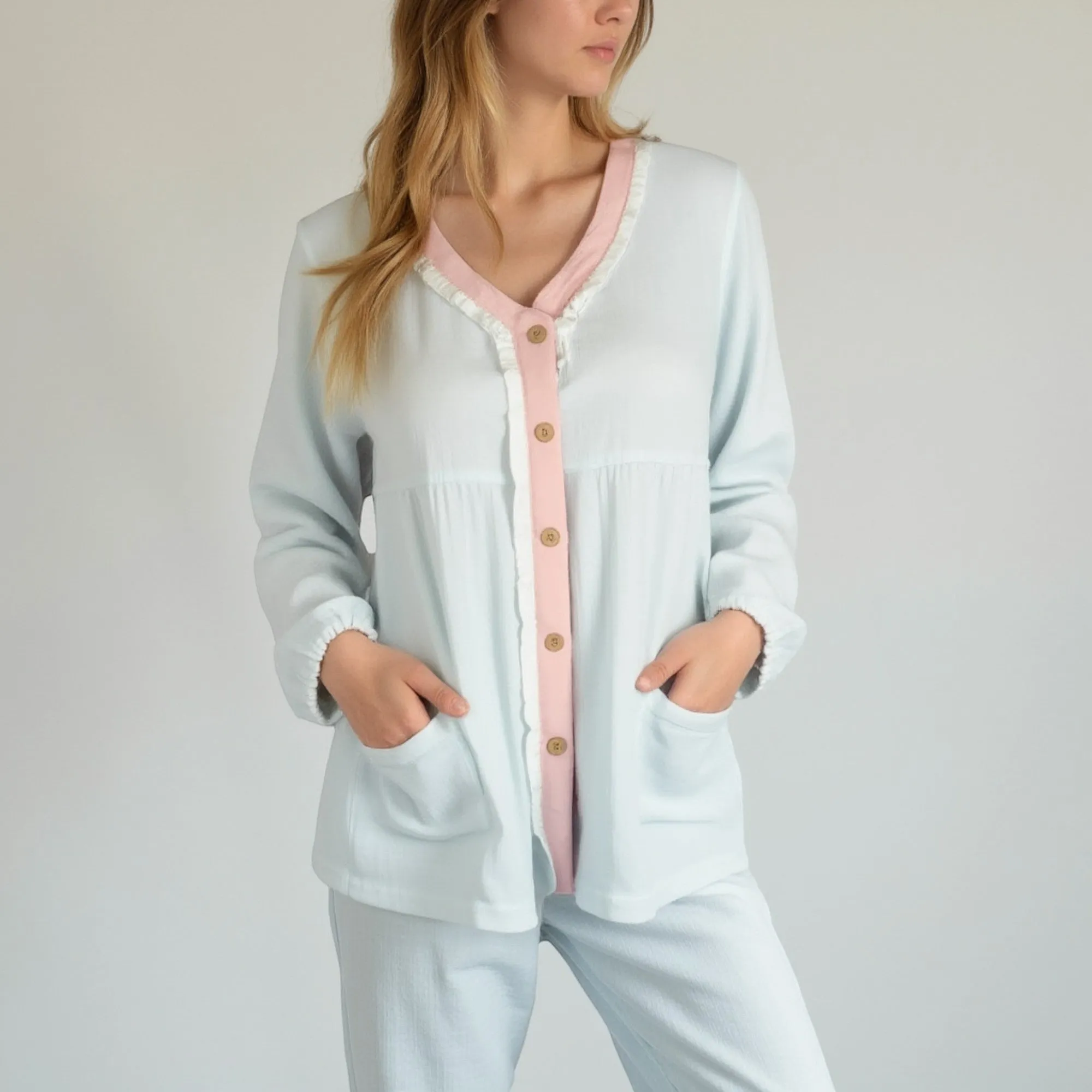 Anna-Kaci Lounge Women's Long Sleeve Button Up Pajama Set with Ruffle Trim and Front Patch Pockets sold by Anna-Kaci product image thumbnail 3