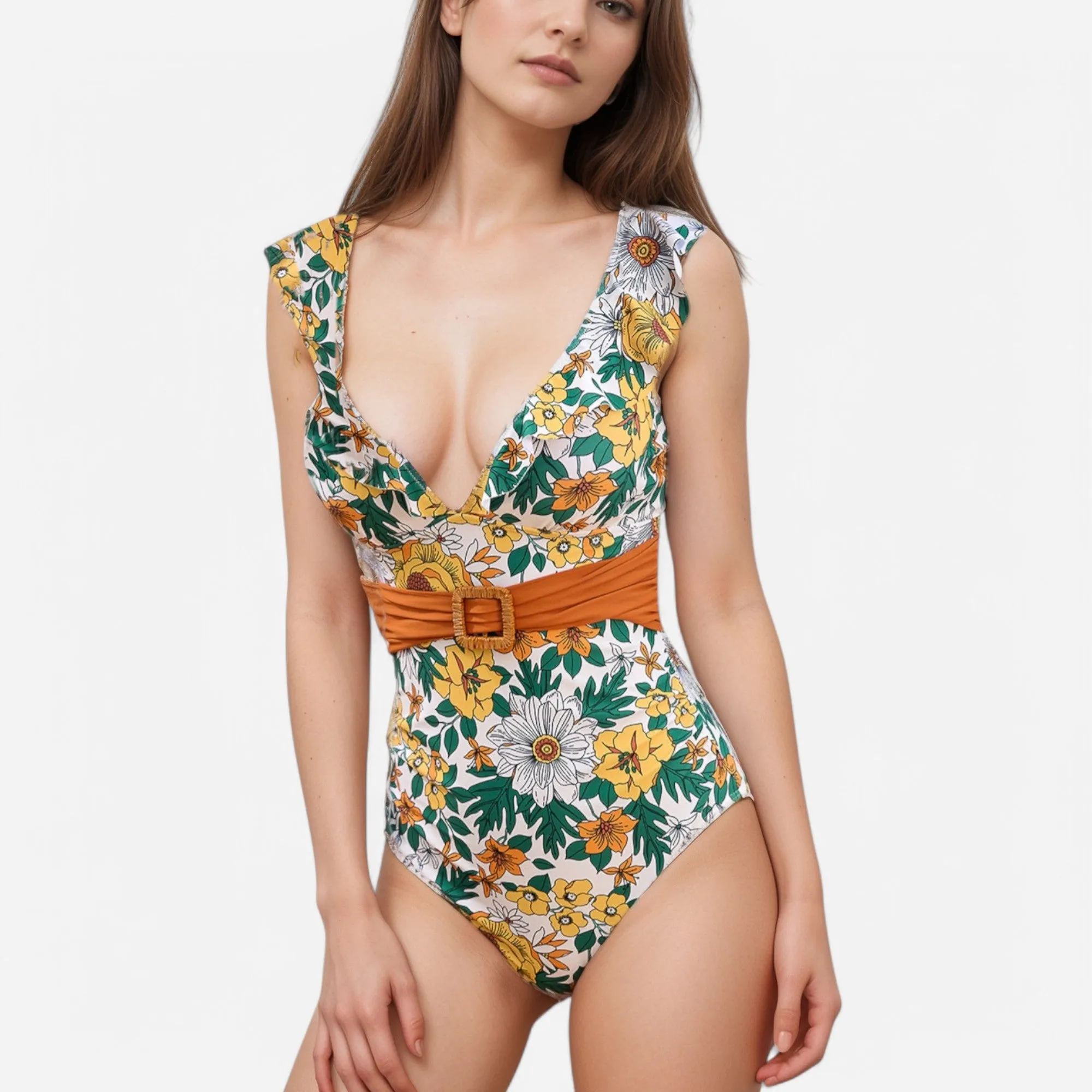 Anna-Kaci Swim Women's One Piece Swimsuit with Floral Print Ruffle Straps Belted Waist and Deep V Neckline sold by Anna-Kaci