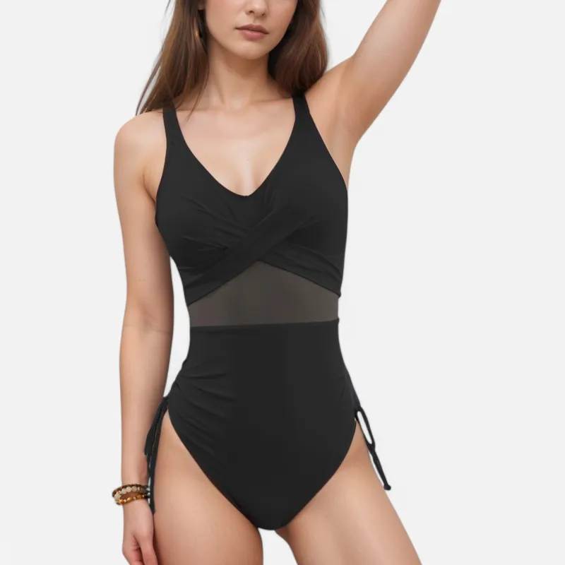 Anna-Kaci Swim Women's One Piece Swimsuit with Mesh Waistband Crossover Bodice and Adjustable Side Drawstring Ties made by Anna-Kaci