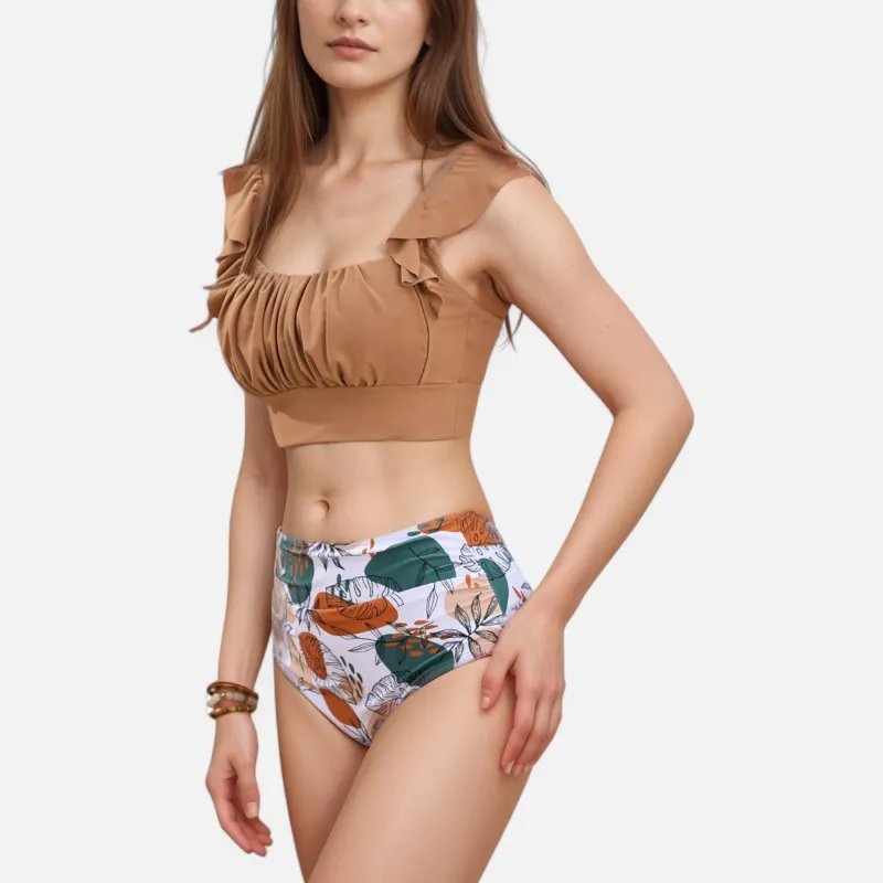 Anna-Kaci Swim Women's Ruffle Bikini Top with Ruched Bust Detail and High Waist Leaf Print Bottom Swimsuit Set sold by Anna-Kaci