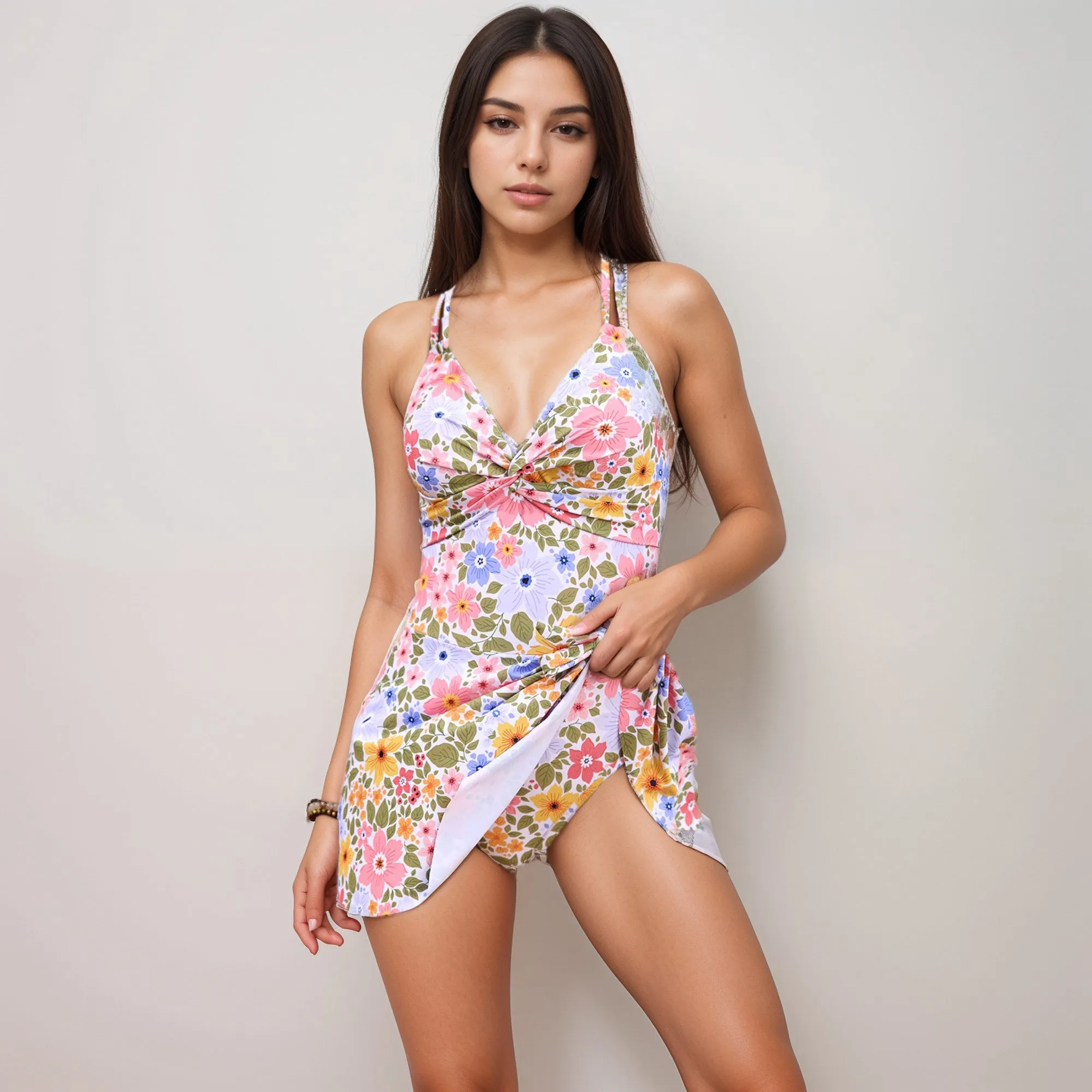 Anna-Kaci Swim Women's Floral Print One Piece Swim Dress with Ruched Bust and Adjustable Side Tie Skirt Overlay sold by Anna-Kaci product image thumbnail 2