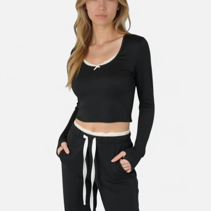 Anna-Kaci Lounge Women's Lace Trim Long Sleeve Lounge Top and Jogger Pants Pajama Set with Drawstring Waist sold by Anna-Kaci