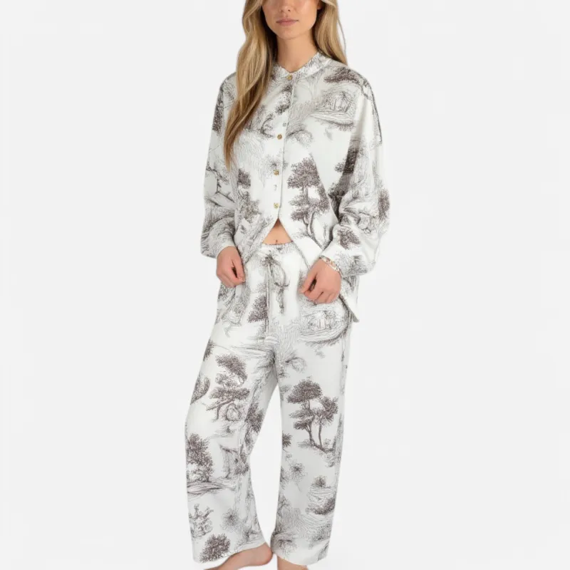 Anna-Kaci Lounge Women's Toile Print Button Up Pajama Set with Long Sleeve Top and Elastic Waist Drawstring Pants sold by Anna-Kaci