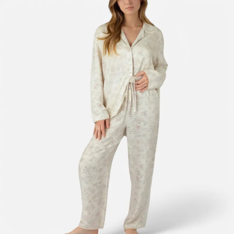Anna-Kaci Lounge Women's Soft Brushed Pajama Set with Subtle Floral Print Long Sleeve Button-Up Top and Drawstring Pants sold by Anna-Kaci