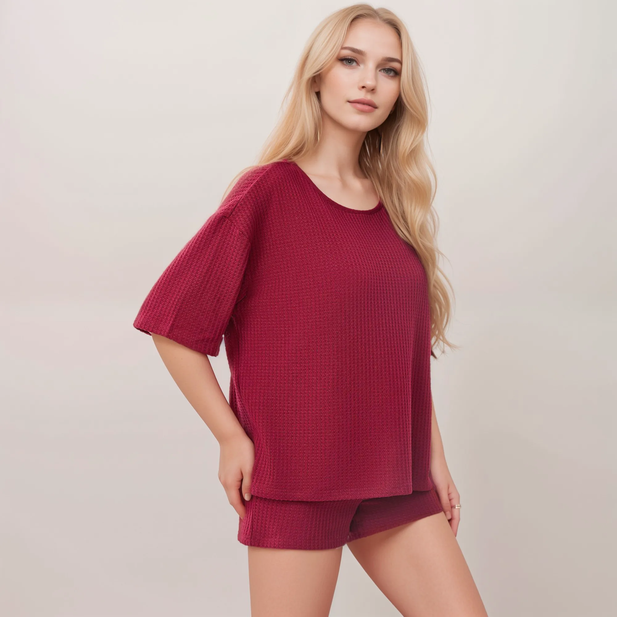 Anna-Kaci Lounge Women's Waffle Knit Short Sleeve Lounge Top and Shorts Set with Relaxed Fit sold by Anna-Kaci product image thumbnail 2