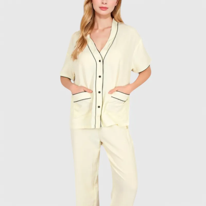 Anna-Kaci Lounge Women's Short Sleeve Button-Up Pajama Set with Contrast Piping and Front Pockets sold by Anna-Kaci