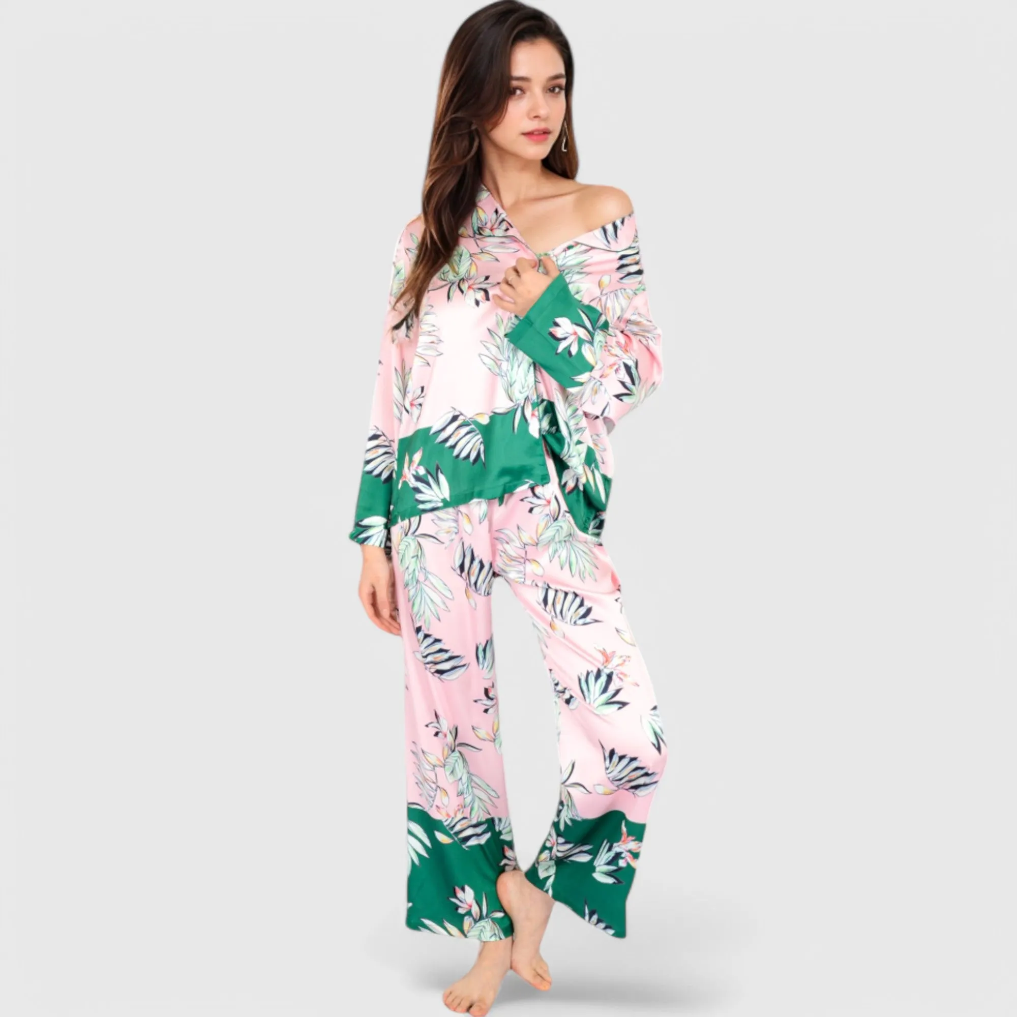 Anna-Kaci Lounge Women's Floral Satin Pajama Set with Button-Up Long Sleeve Top and Matching Pants sold by Anna-Kaci product image thumbnail 4