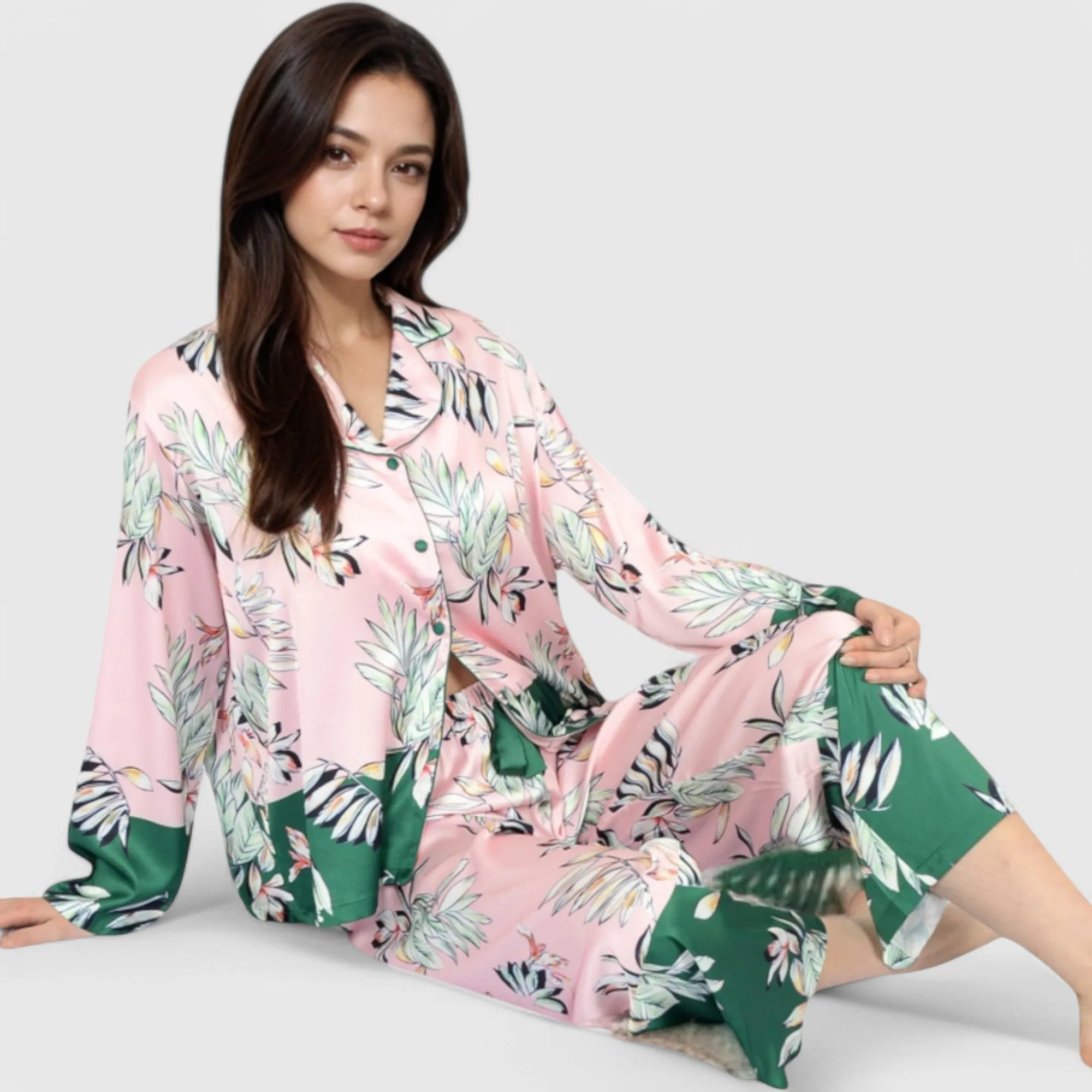 Anna-Kaci Lounge Women's Floral Satin Pajama Set with Button-Up Long Sleeve Top and Matching Pants sold by Anna-Kaci