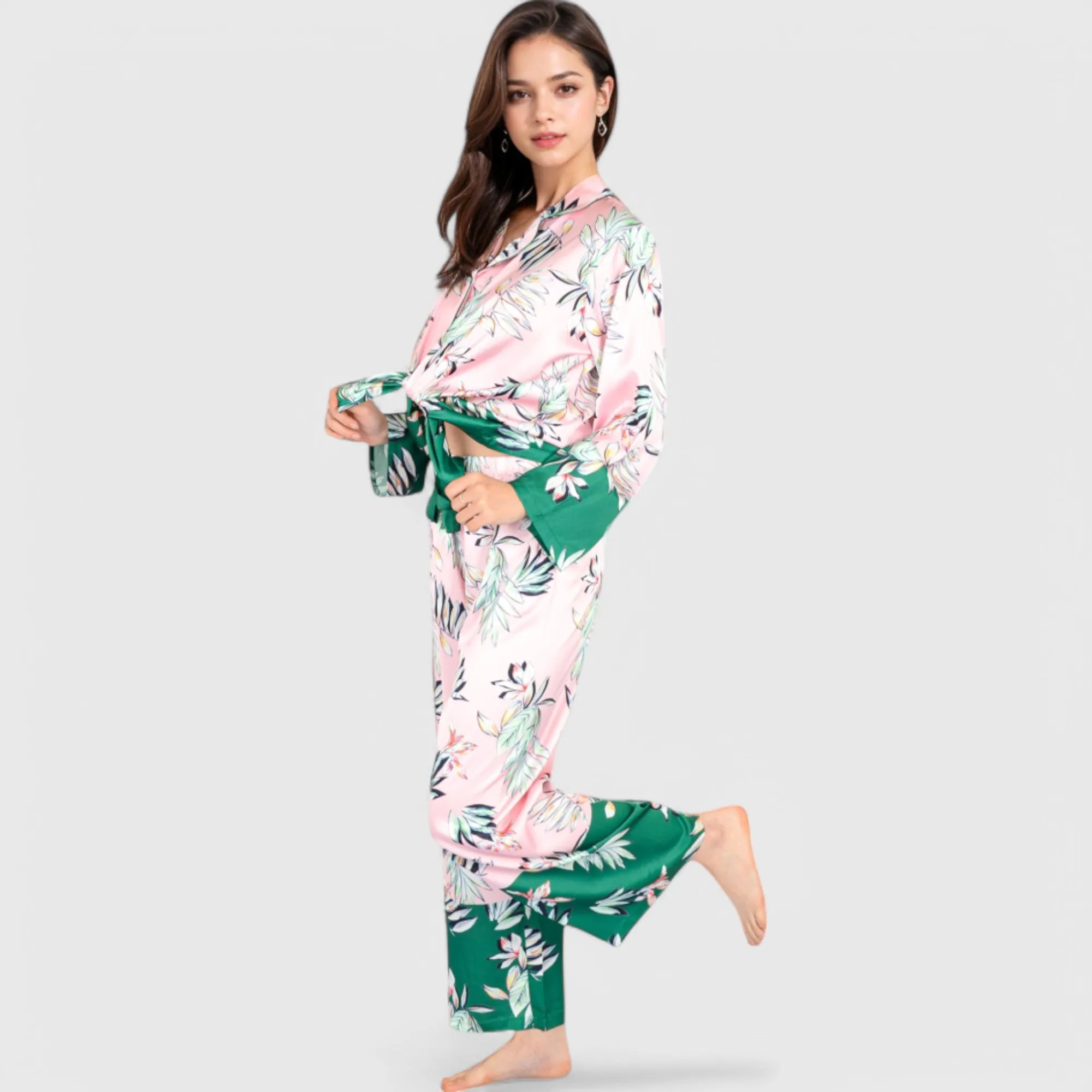 Anna-Kaci Lounge Women's Floral Satin Pajama Set with Button-Up Long Sleeve Top and Matching Pants sold by Anna-Kaci product image thumbnail 3
