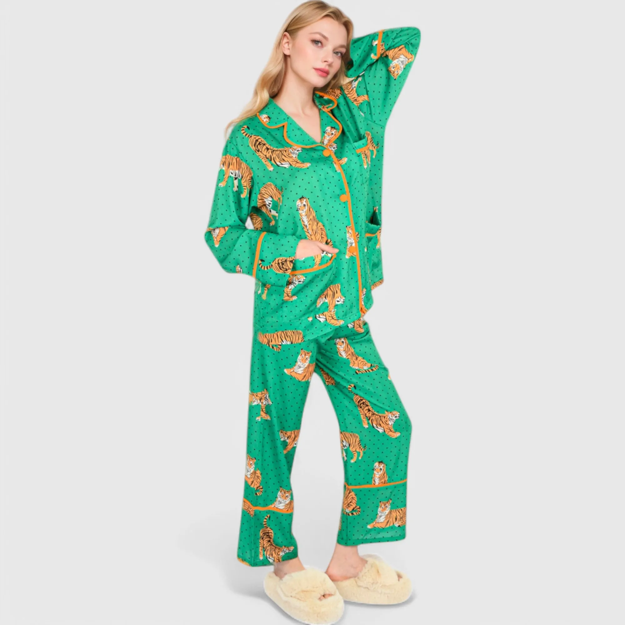 Anna-Kaci Lounge Women's Printed Satin Pajama Set with Long Sleeve Button-Up Top and Contrast Piping sold by Anna-Kaci product image thumbnail 3