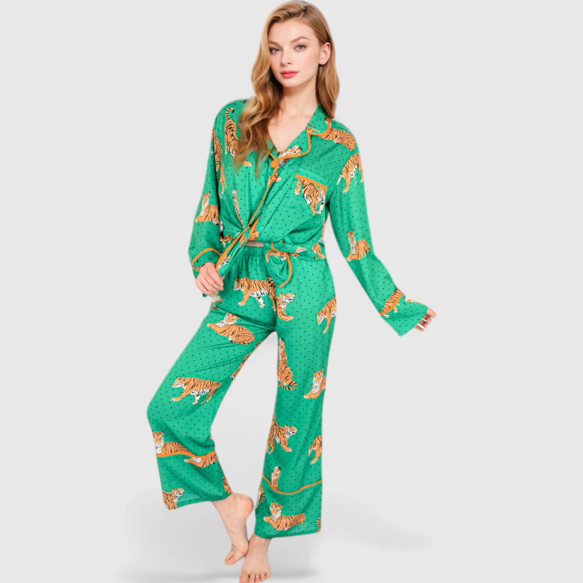 Anna-Kaci Lounge Women's Printed Satin Pajama Set with Long Sleeve Button-Up Top and Contrast Piping sold by Anna-Kaci product image thumbnail 4
