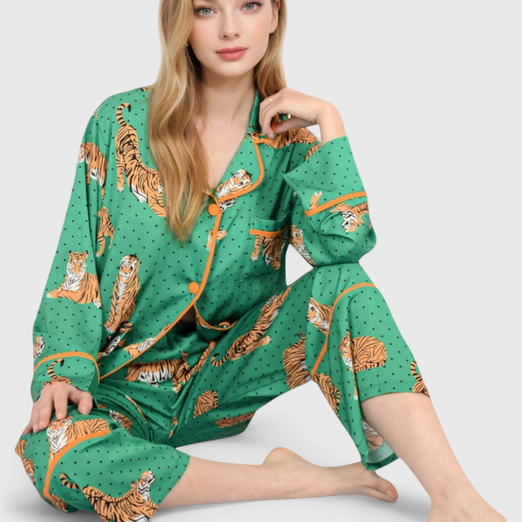 Anna-Kaci Lounge Women's Printed Satin Pajama Set with Long Sleeve Button-Up Top and Contrast Piping sold by Anna-Kaci