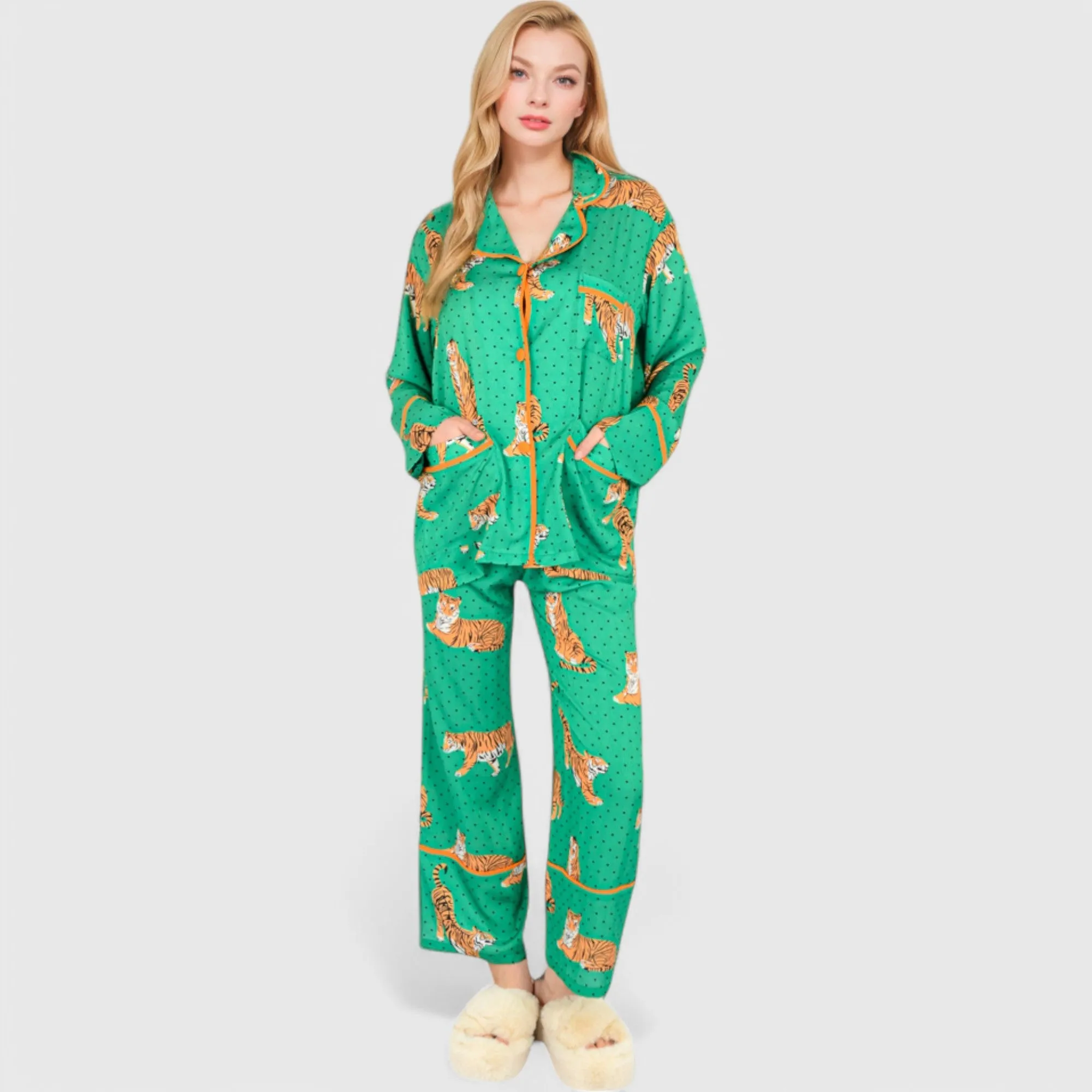 Anna-Kaci Lounge Women's Printed Satin Pajama Set with Long Sleeve Button-Up Top and Contrast Piping sold by Anna-Kaci product image thumbnail 2