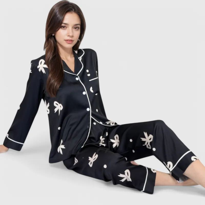 Anna-Kaci Lounge Women's Printed Satin Pajama Set with Button-Up Long Sleeve Top and Piping Detail sold by Anna-Kaci