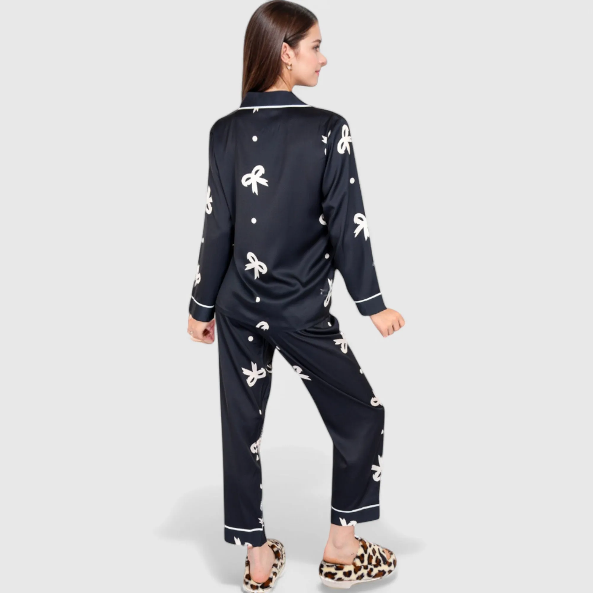 Anna-Kaci Lounge Women's Printed Satin Pajama Set with Button-Up Long Sleeve Top and Piping Detail sold by Anna-Kaci product image thumbnail 5