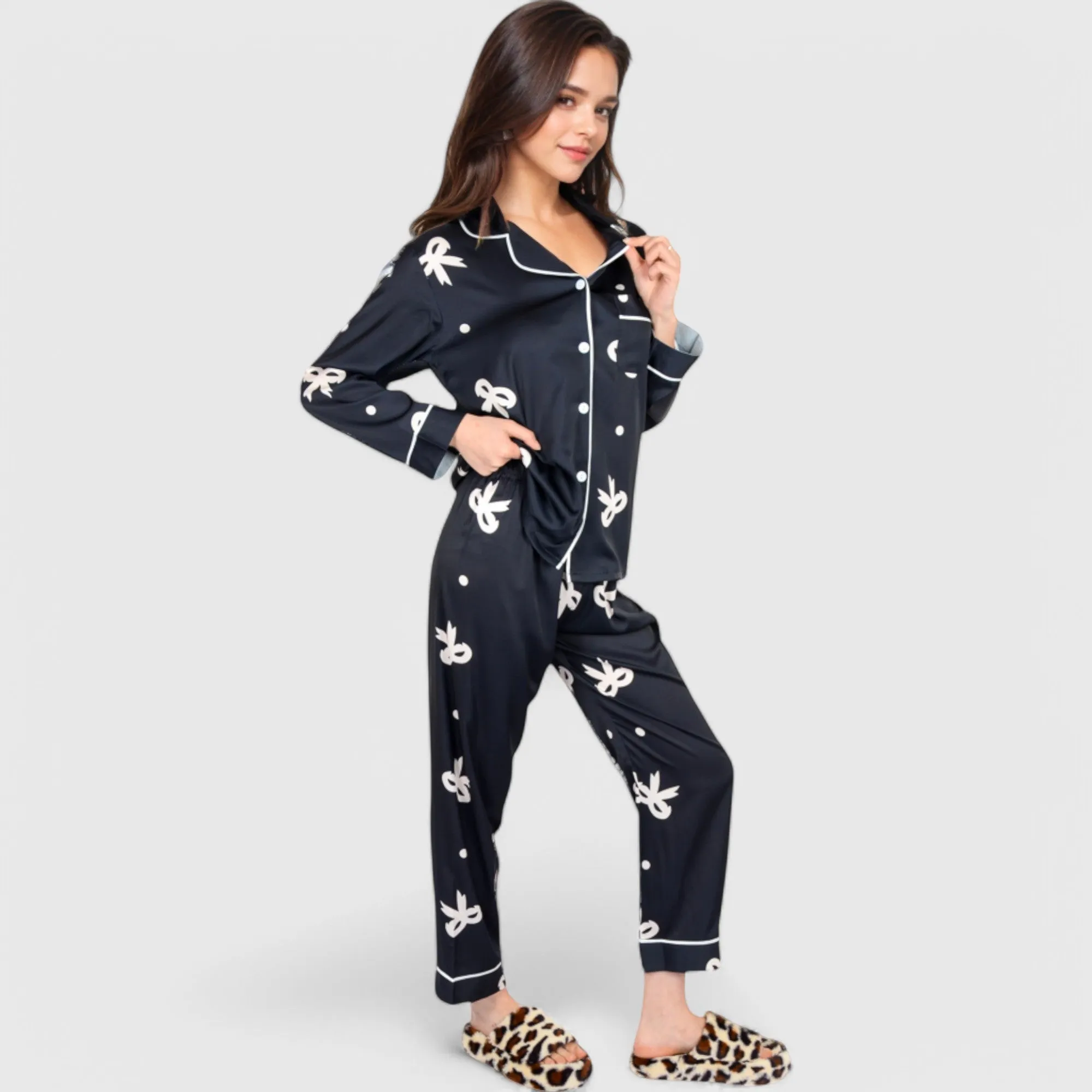 Anna-Kaci Lounge Women's Printed Satin Pajama Set with Button-Up Long Sleeve Top and Piping Detail sold by Anna-Kaci product image thumbnail 3