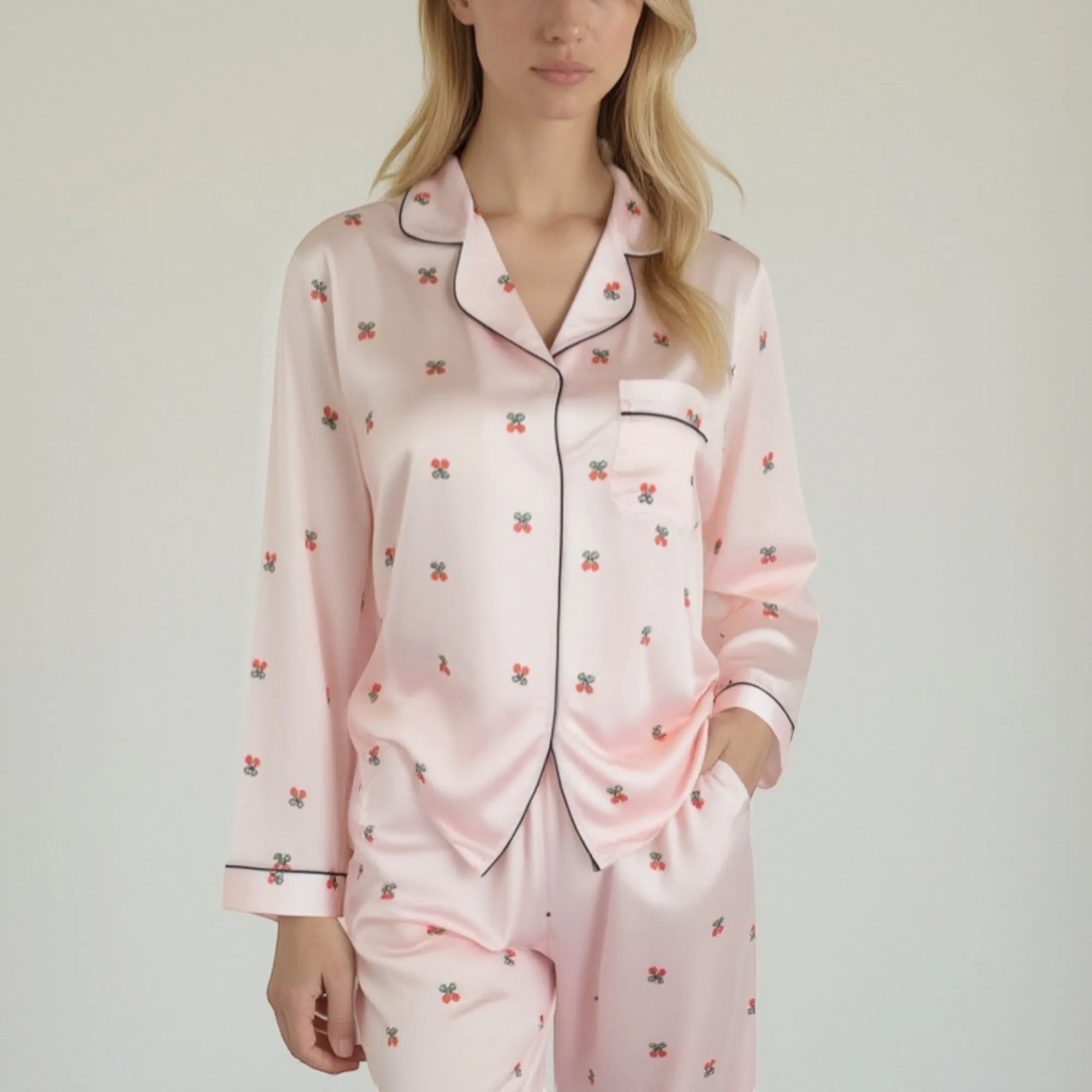 Anna-Kaci Lounge Women's Satin Long Sleeve Pajama Set with Mini Bow Print Button-Up Top and Chest Pocket sold by Anna-Kaci product image thumbnail 4