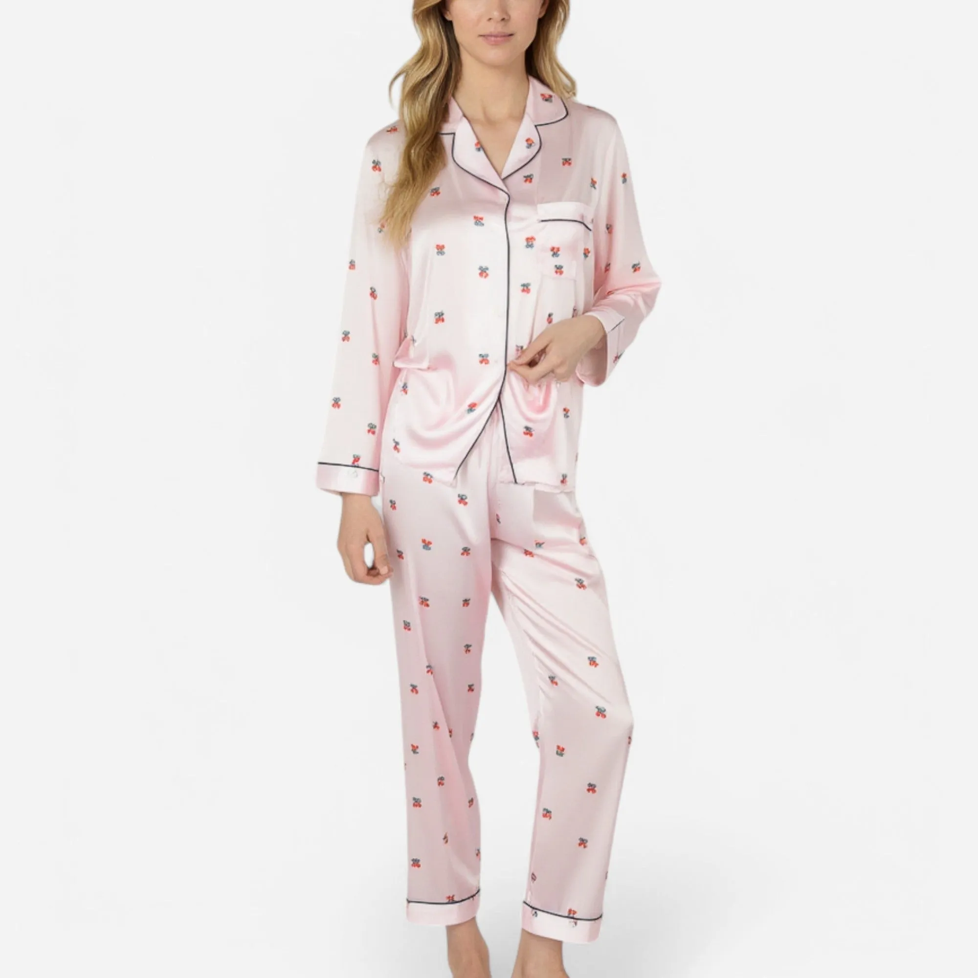Anna-Kaci Lounge Women's Satin Long Sleeve Pajama Set with Mini Bow Print Button-Up Top and Chest Pocket sold by Anna-Kaci