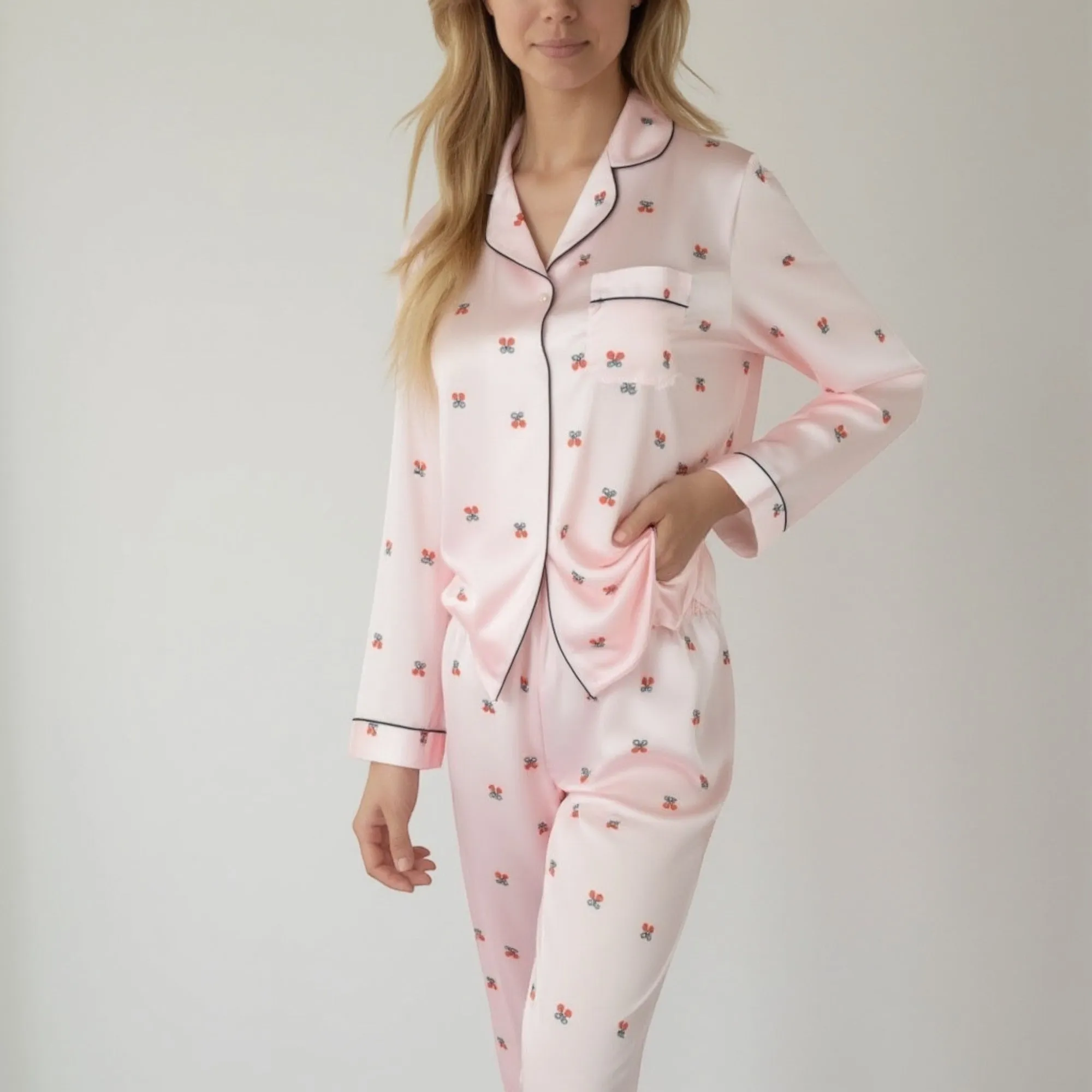 Anna-Kaci Lounge Women's Satin Long Sleeve Pajama Set with Mini Bow Print Button-Up Top and Chest Pocket sold by Anna-Kaci product image thumbnail 3
