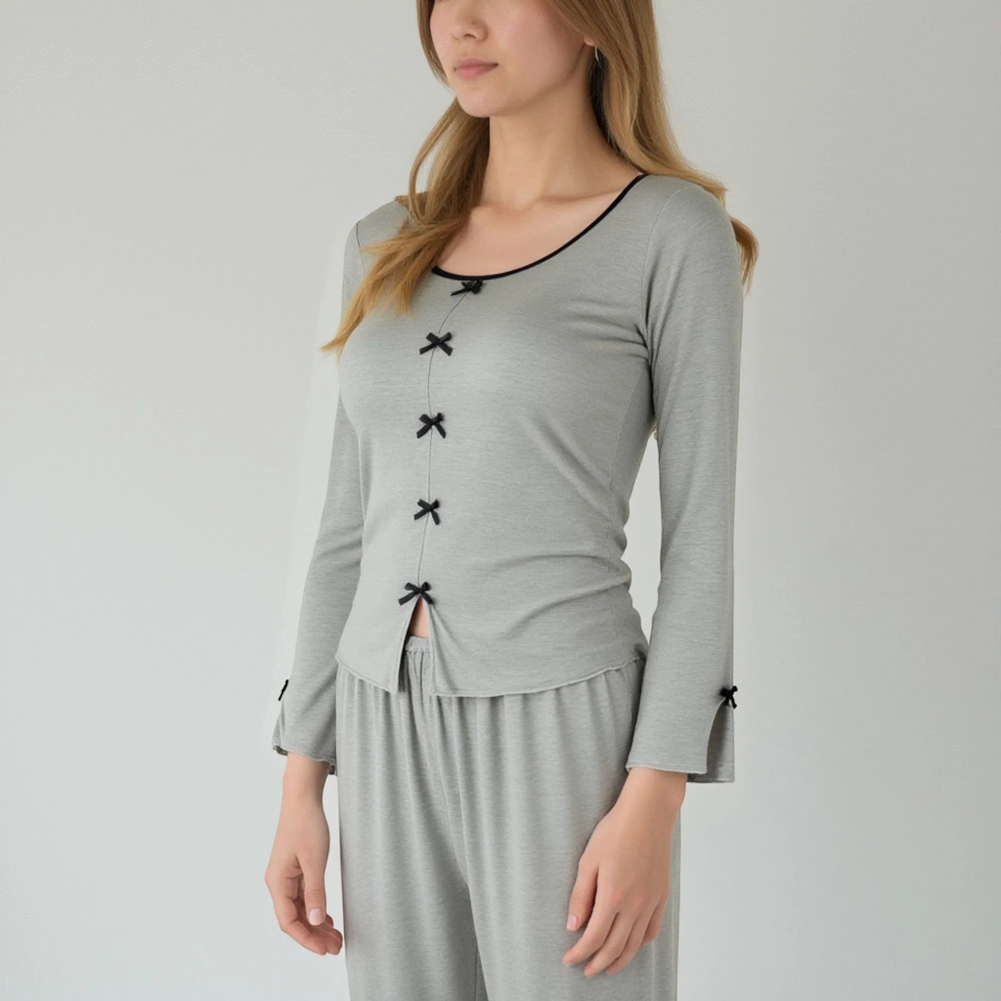 Anna-Kaci Lounge Women's Long Sleeve Pajama Set with Decorative Bows and Soft Wide Leg Pants sold by Anna-Kaci product image thumbnail 3