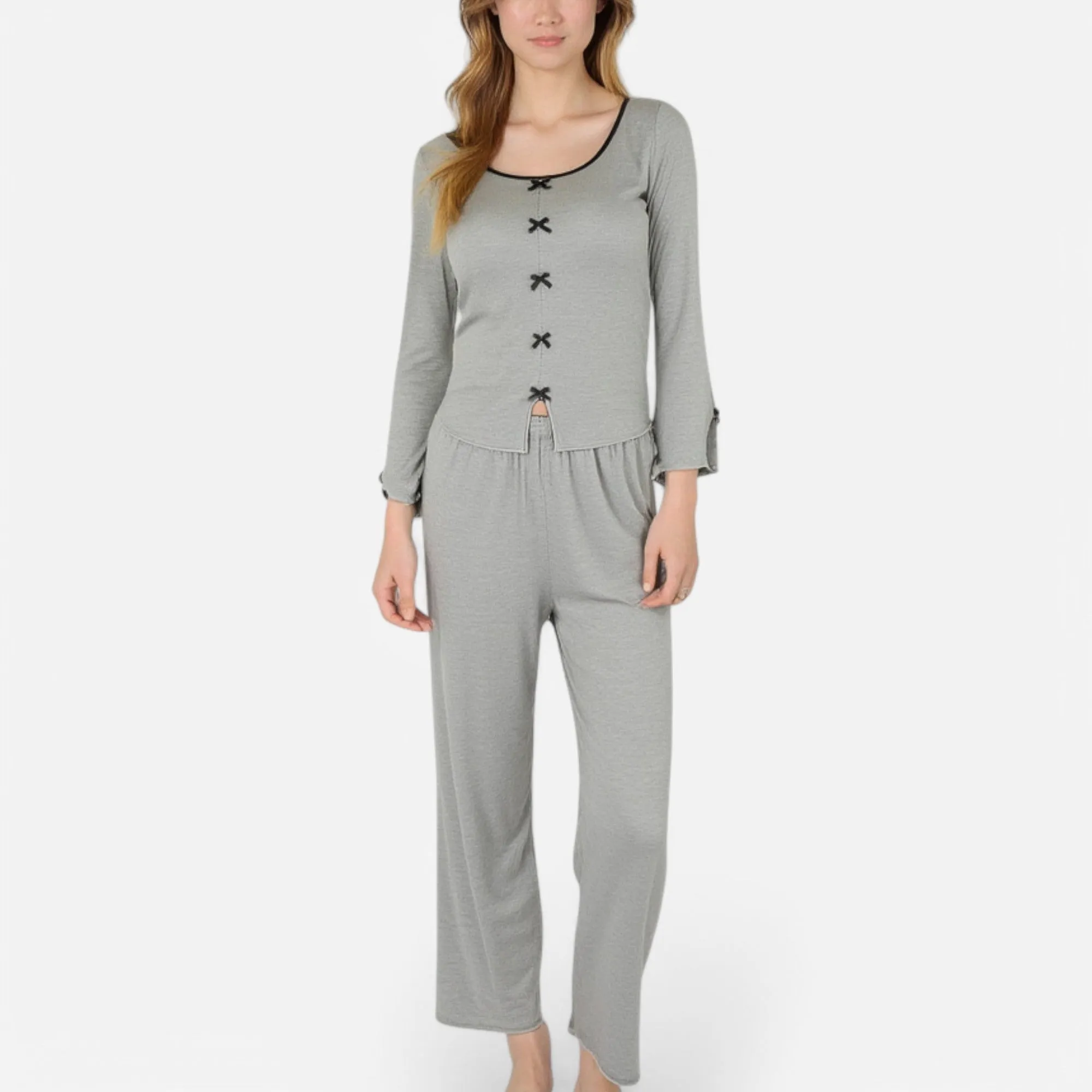 Anna-Kaci Lounge Women's Long Sleeve Pajama Set with Decorative Bows and Soft Wide Leg Pants sold by Anna-Kaci