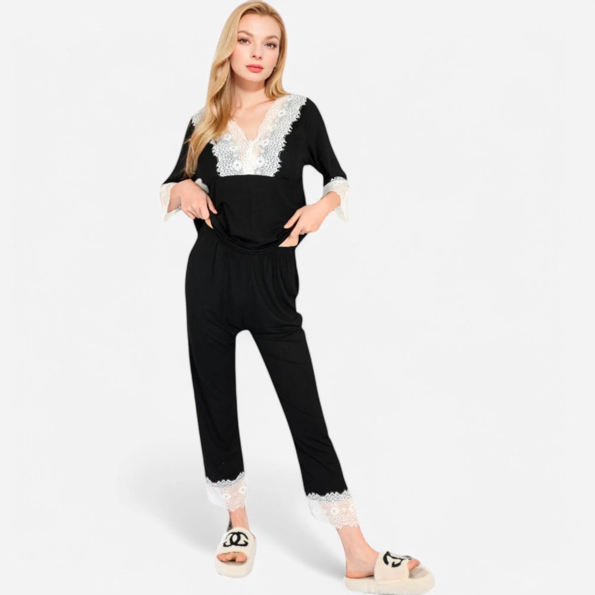 Anna-Kaci Lounge Women's Lace Trim Pajama Set with 3/4 Sleeve Top and Elastic Waist Pants sold by Anna-Kaci product image thumbnail 4