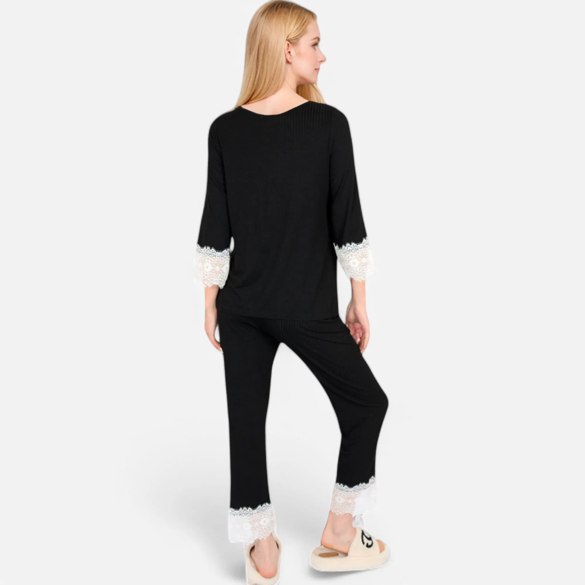Anna-Kaci Lounge Women's Lace Trim Pajama Set with 3/4 Sleeve Top and Elastic Waist Pants sold by Anna-Kaci product image thumbnail 5