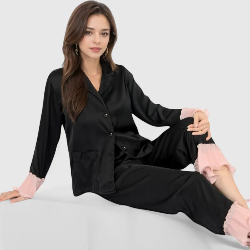 Anna-Kaci Lounge Women's Satin Pajama Set with Ruffled Cuffs and Button-Up Top sold by Anna-Kaci
