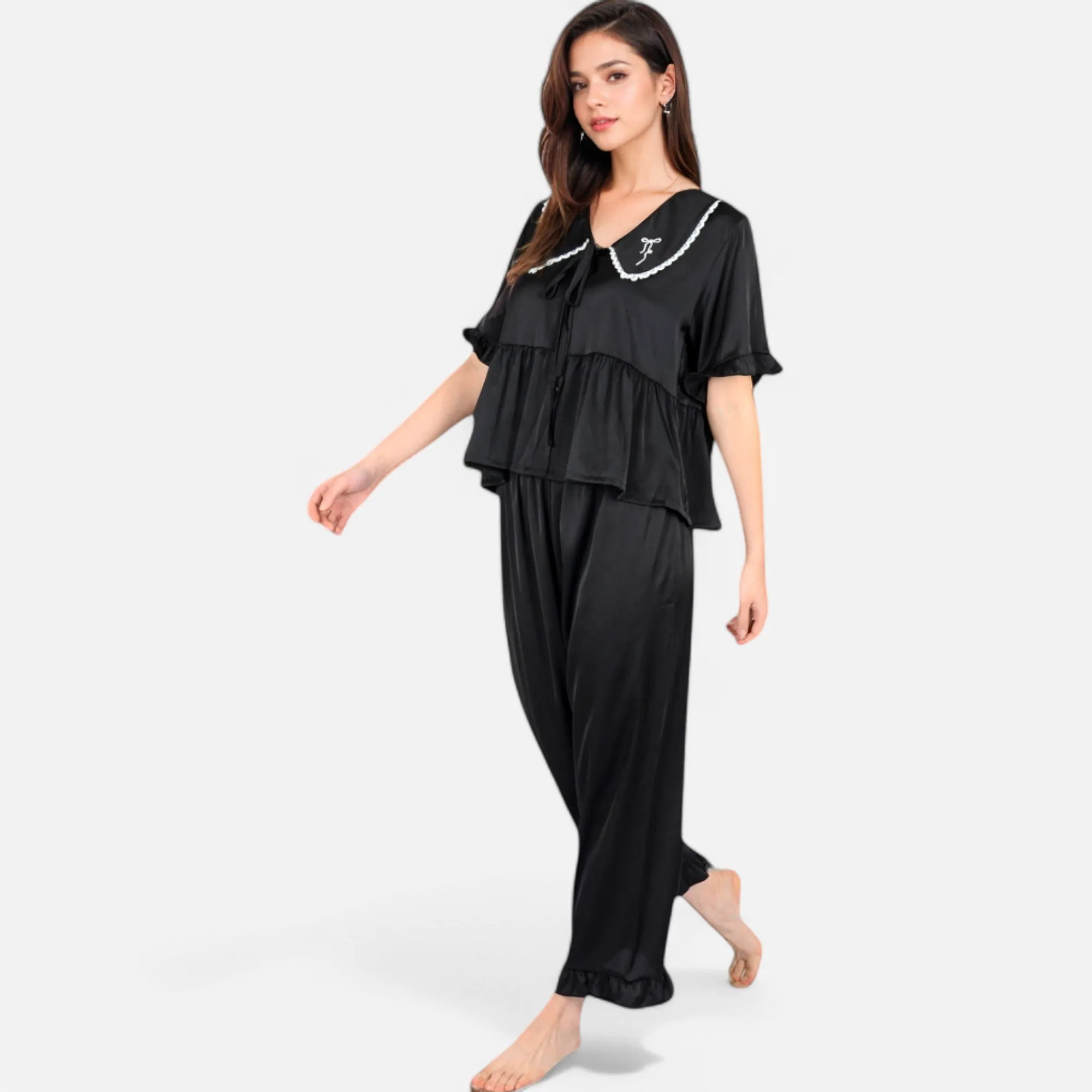 Anna-Kaci Lounge Women's Embroidered Collar Pajama Set with Ruffle Trim and Button-Up Top sold by Anna-Kaci product image thumbnail 3