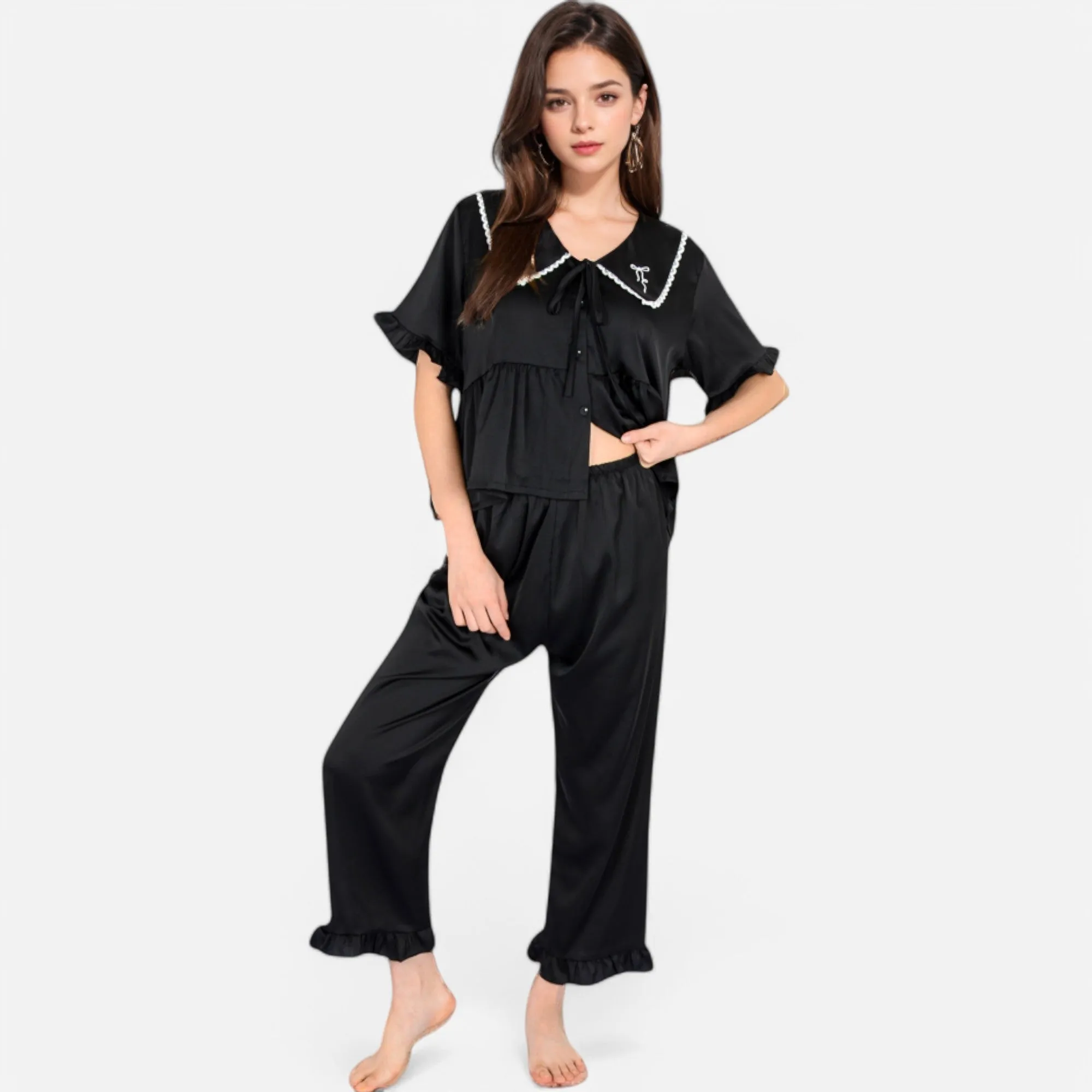 Anna-Kaci Lounge Women's Embroidered Collar Pajama Set with Ruffle Trim and Button-Up Top sold by Anna-Kaci product image thumbnail 4