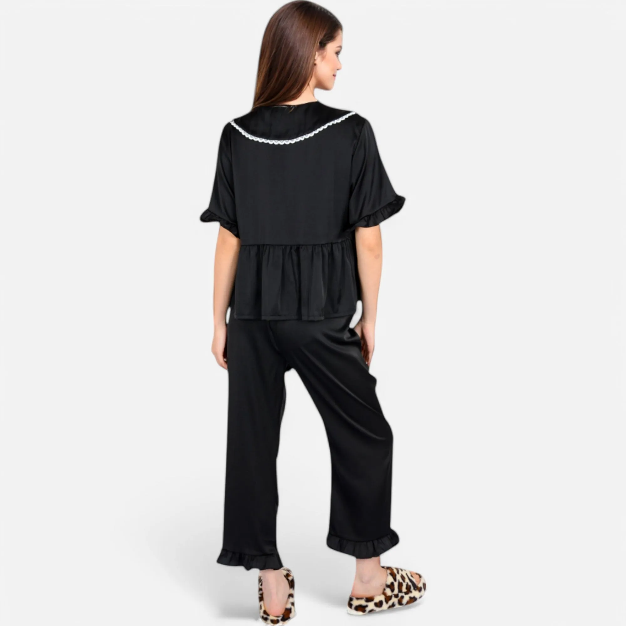 Anna-Kaci Lounge Women's Embroidered Collar Pajama Set with Ruffle Trim and Button-Up Top sold by Anna-Kaci product image thumbnail 5