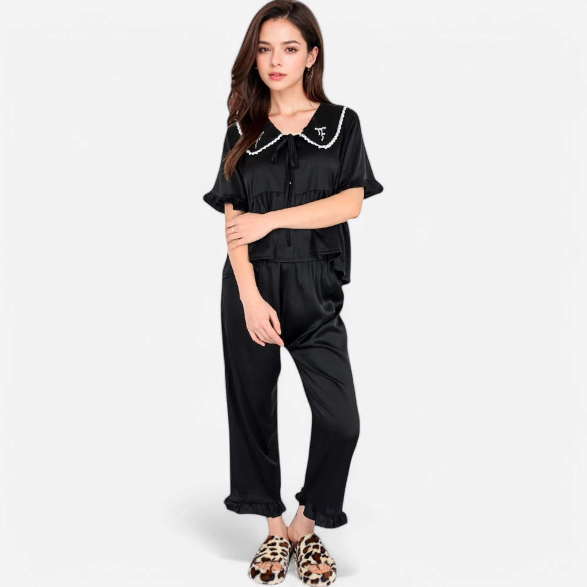 Anna-Kaci Lounge Women's Embroidered Collar Pajama Set with Ruffle Trim and Button-Up Top sold by Anna-Kaci product image thumbnail 2