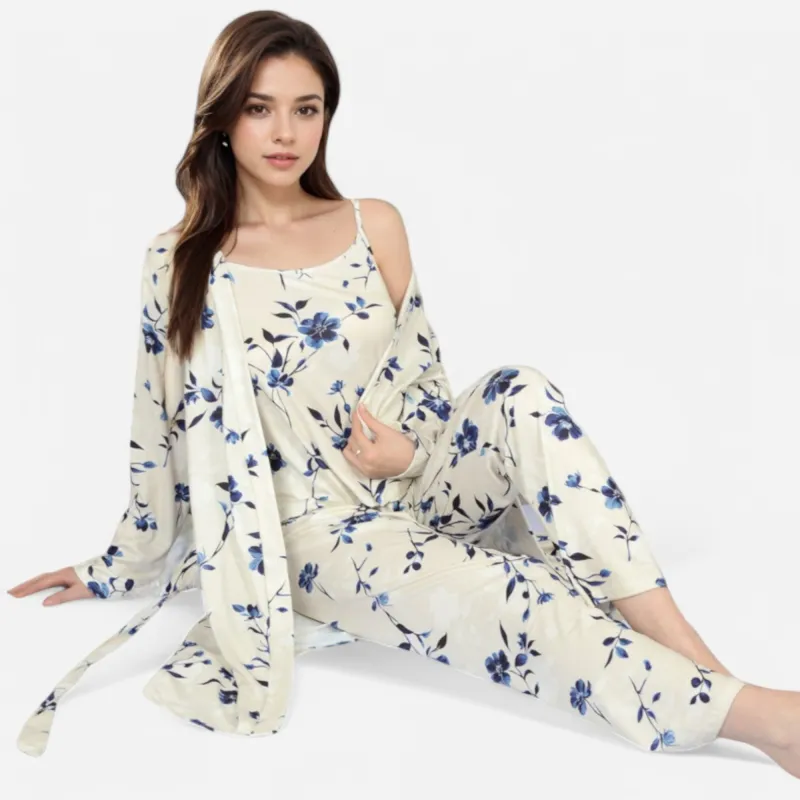 Anna-Kaci Lounge Women's Floral Print 3-Piece Pajama Set with Long Cardigan and Elastic Waist Pants sold by Anna-Kaci
