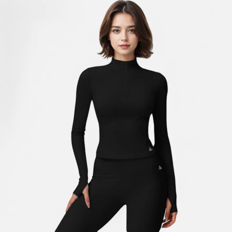 Anna-Kaci Active Women's Long Sleeve Fitted Ribbed Knit Top with Zip Collar and Thumbhole Cuffs sold by Anna-Kaci