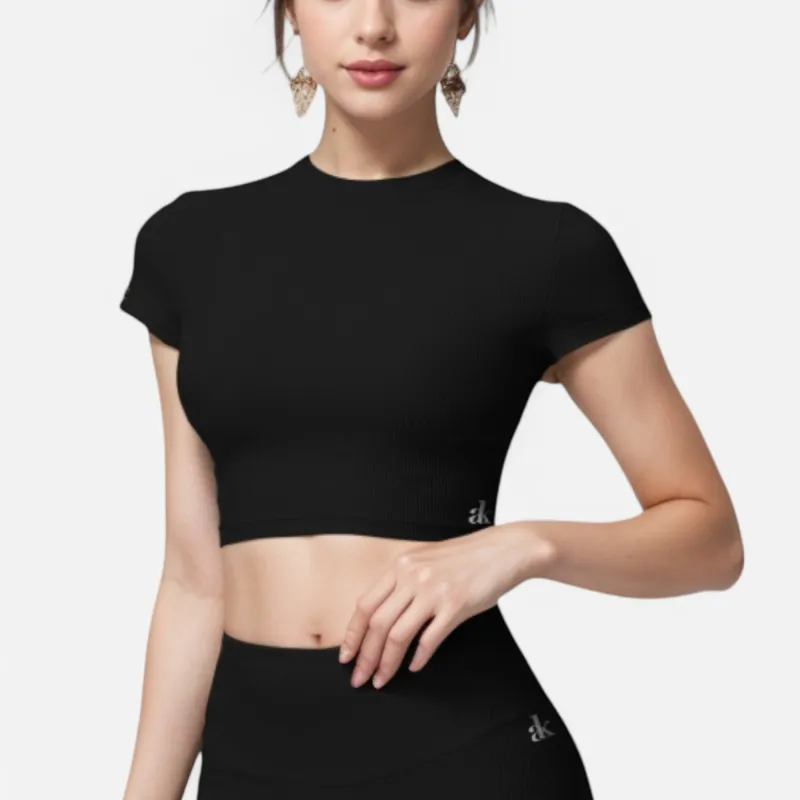 Anna-Kaci Active Women's Short Sleeve Ribbed Crop Top with Crew Neck and Stretch Fabric sold by Anna-Kaci