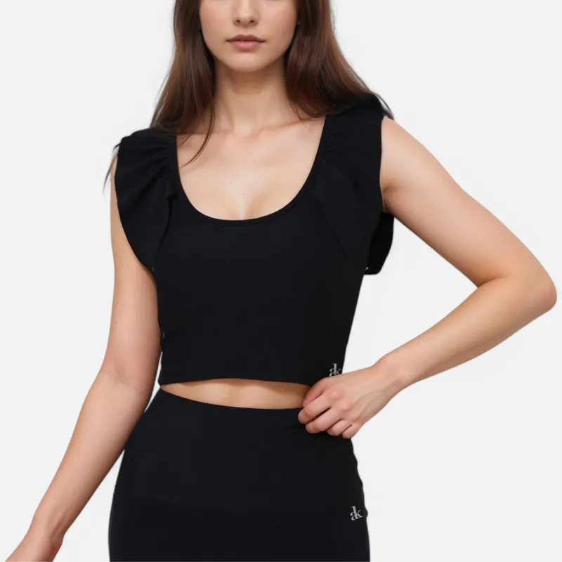Anna-Kaci Active Women's Ribbed Scoop Neck Crop Top with Flutter Shoulder Details and Seamless Fitted Design sold by Anna-Kaci