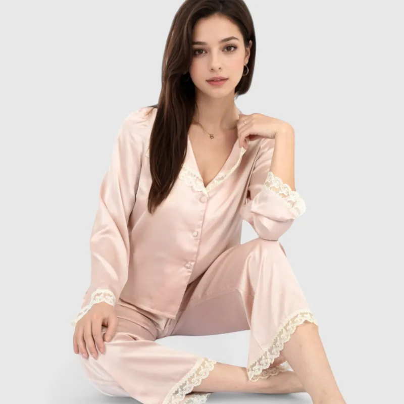 Anna-Kaci Lounge Women's Satin Pajama Set with Lace Trim and Button-Up Long Sleeve Top sold by Anna-Kaci