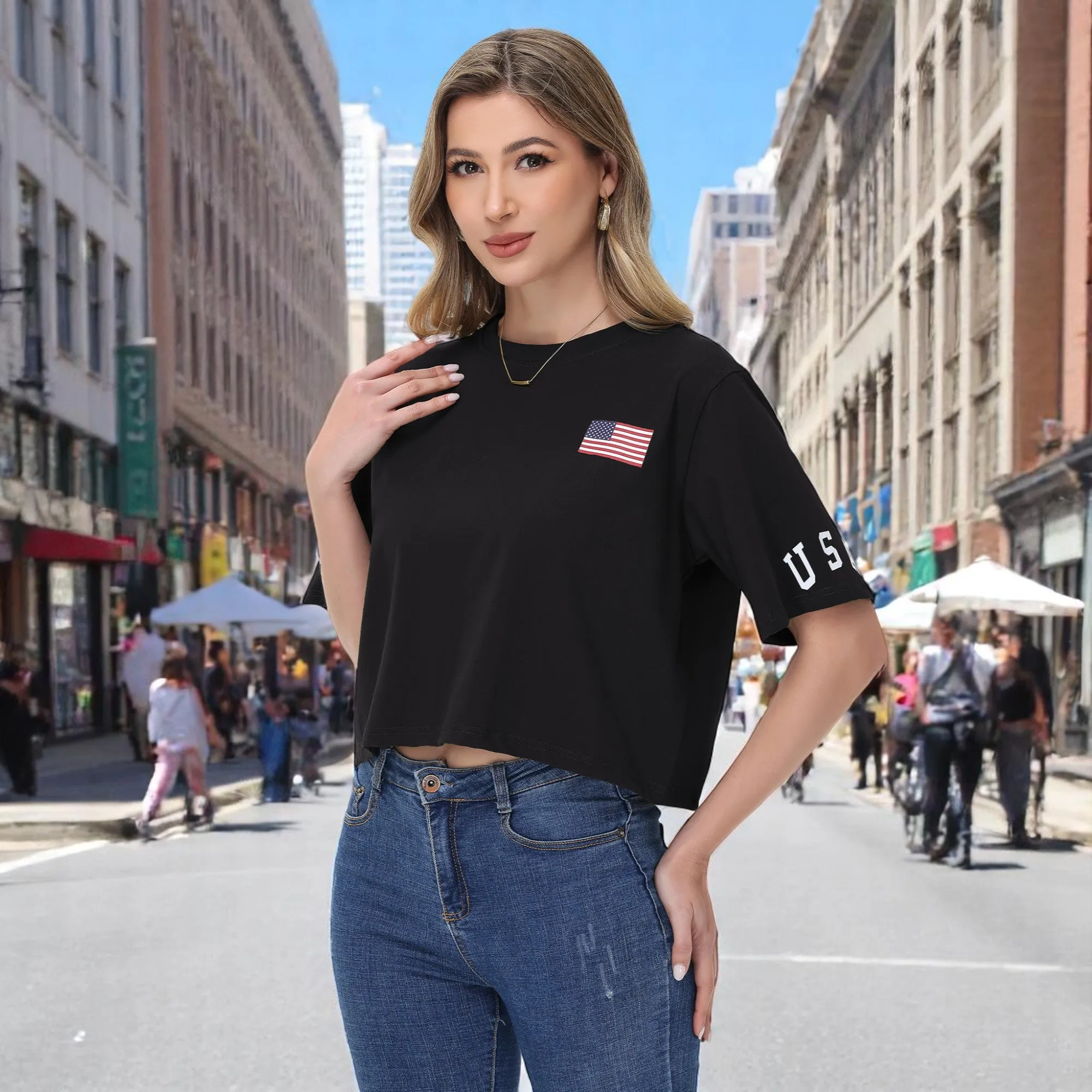 Anna-Kaci Women's American Flag Crop Top July 4th Summer USA Patriotic T-Shirt sold by Anna-Kaci product image thumbnail 3