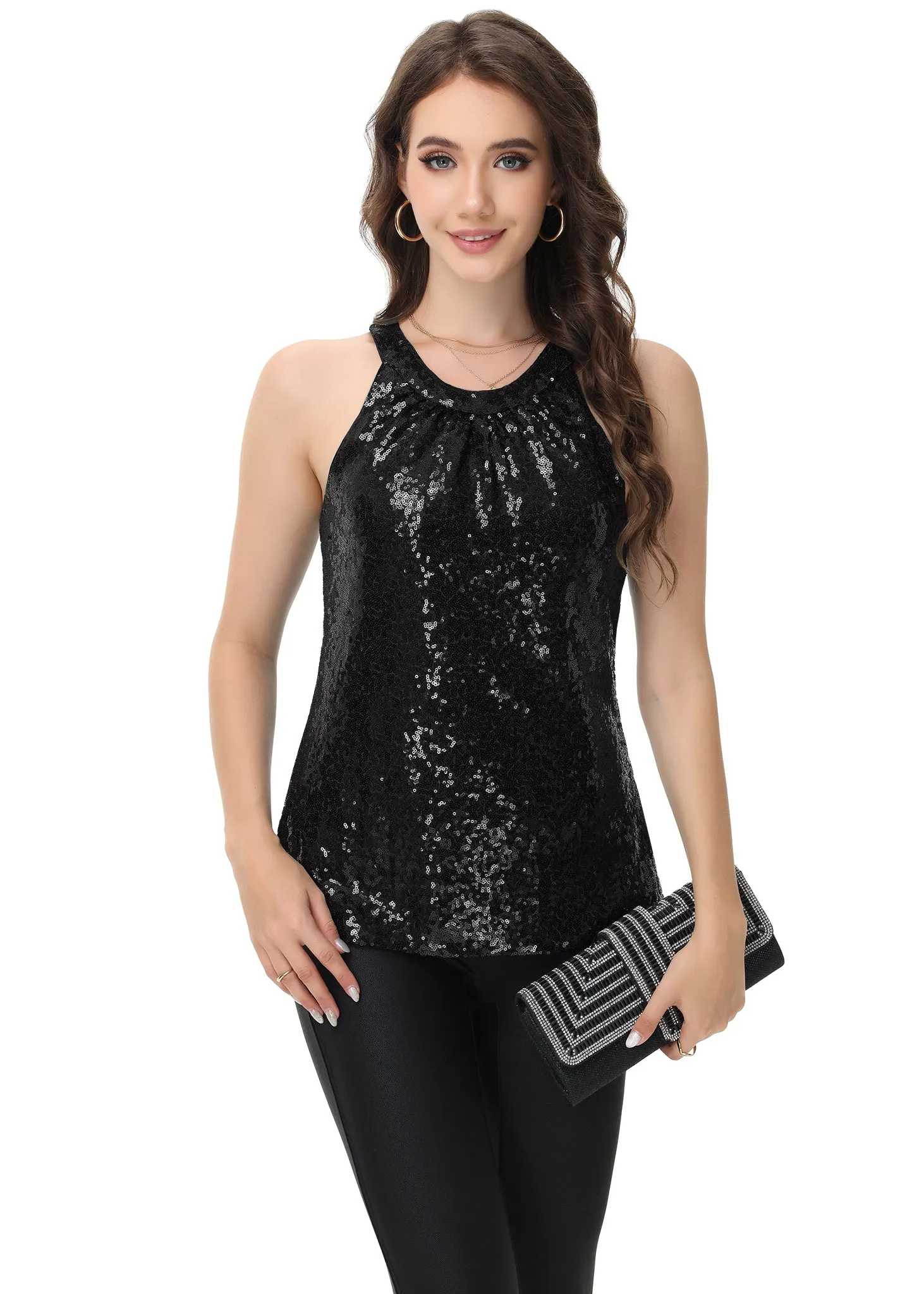 Anna-Kaci Women's Sparkly Sequin Halter Tank Tops Sleeveless Shirt Club Outfits sold by Anna-Kaci product image thumbnail 4
