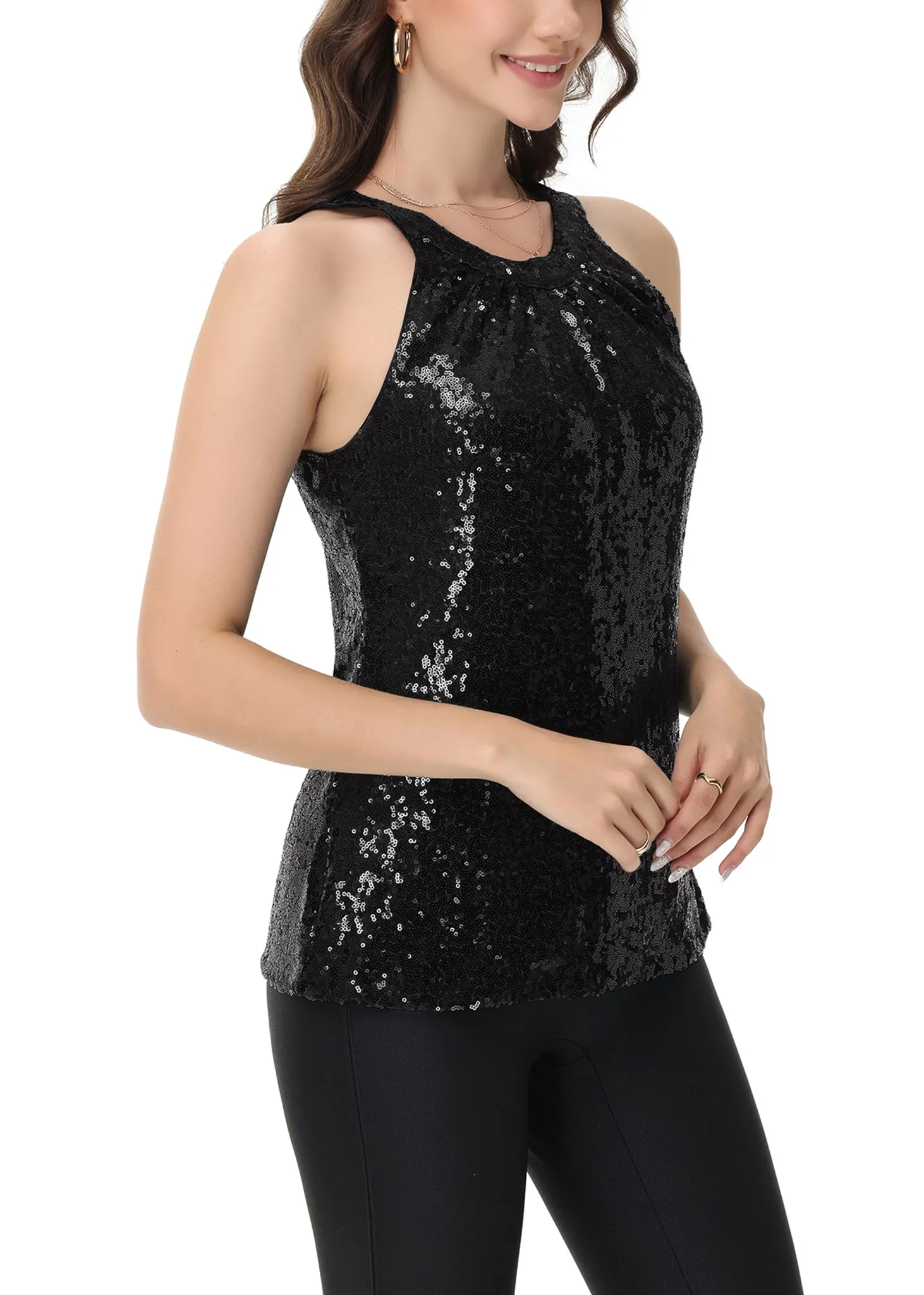 Anna-Kaci Women's Sparkly Sequin Halter Tank Tops Sleeveless Shirt Club Outfits sold by Anna-Kaci product image thumbnail 2