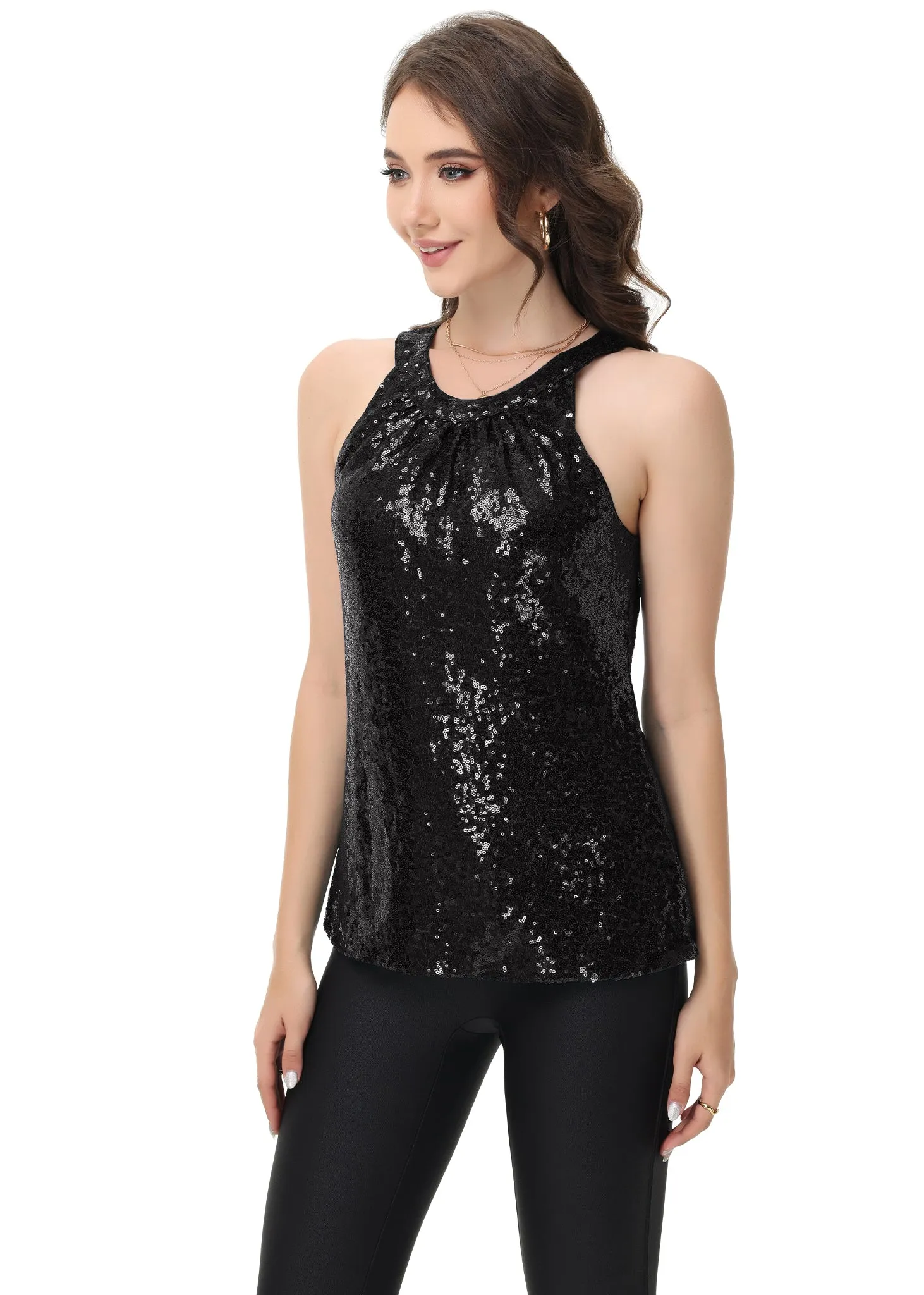Anna-Kaci Women's Sparkly Sequin Halter Tank Tops Sleeveless Shirt Club Outfits sold by Anna-Kaci product image thumbnail 3