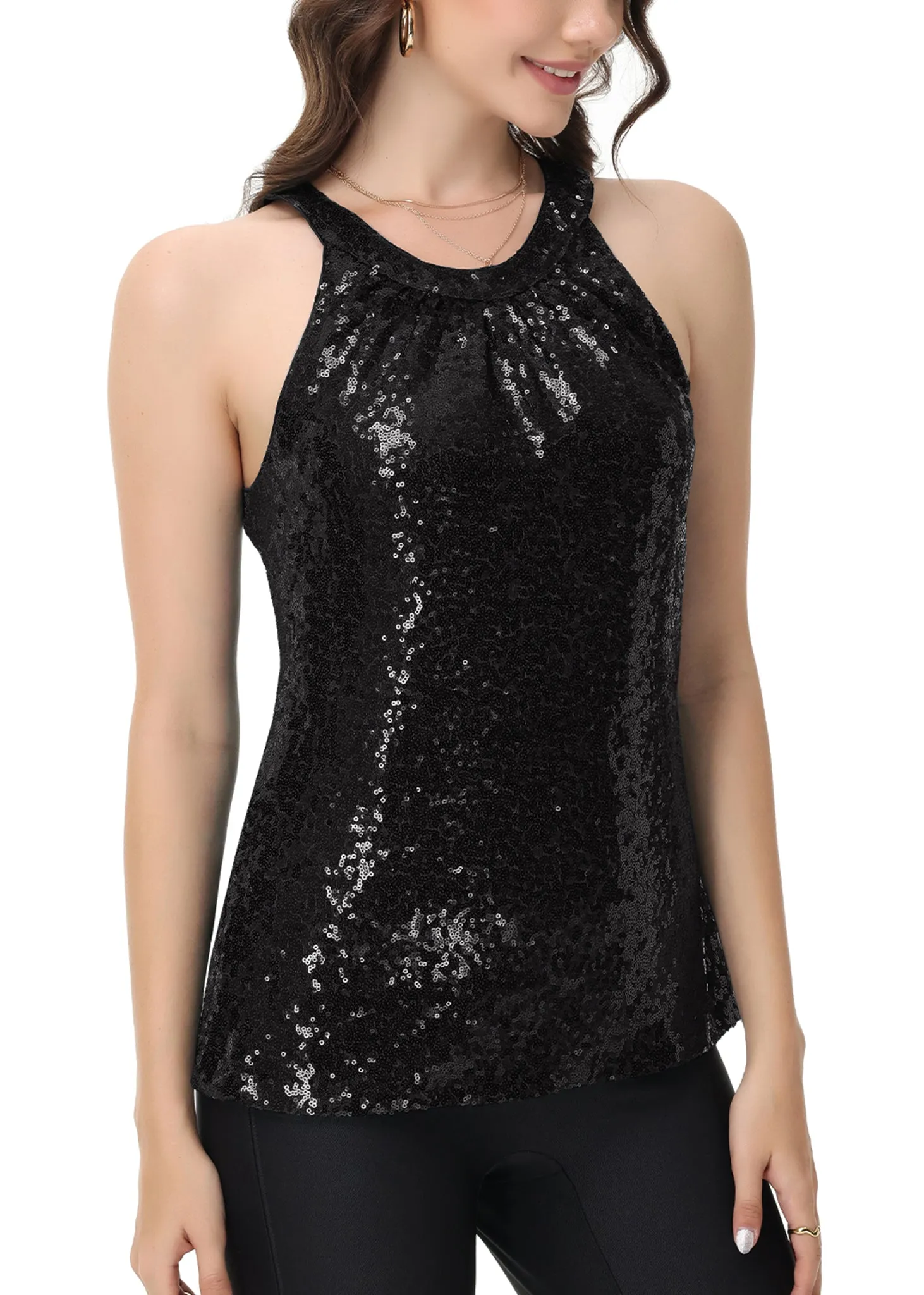 Anna-Kaci Women's Sparkly Sequin Halter Tank Tops Sleeveless Shirt Club Outfits sold by Anna-Kaci
