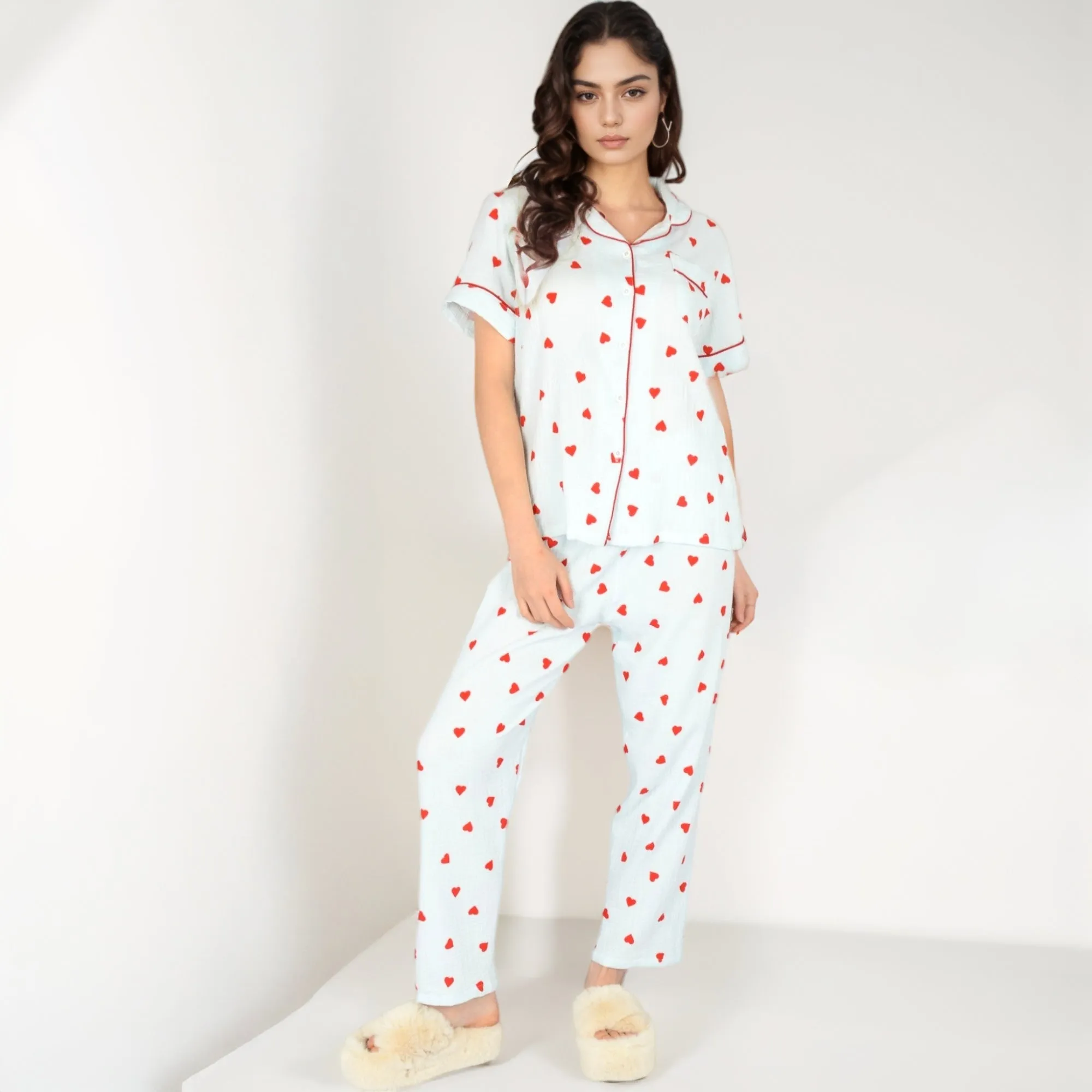 Anna-Kaci Women's Red Heart Print Pajama Set with Short Sleeve Button-Up Top and Relaxed Fit Elastic Waist Pants sold by Anna-Kaci product image thumbnail 2