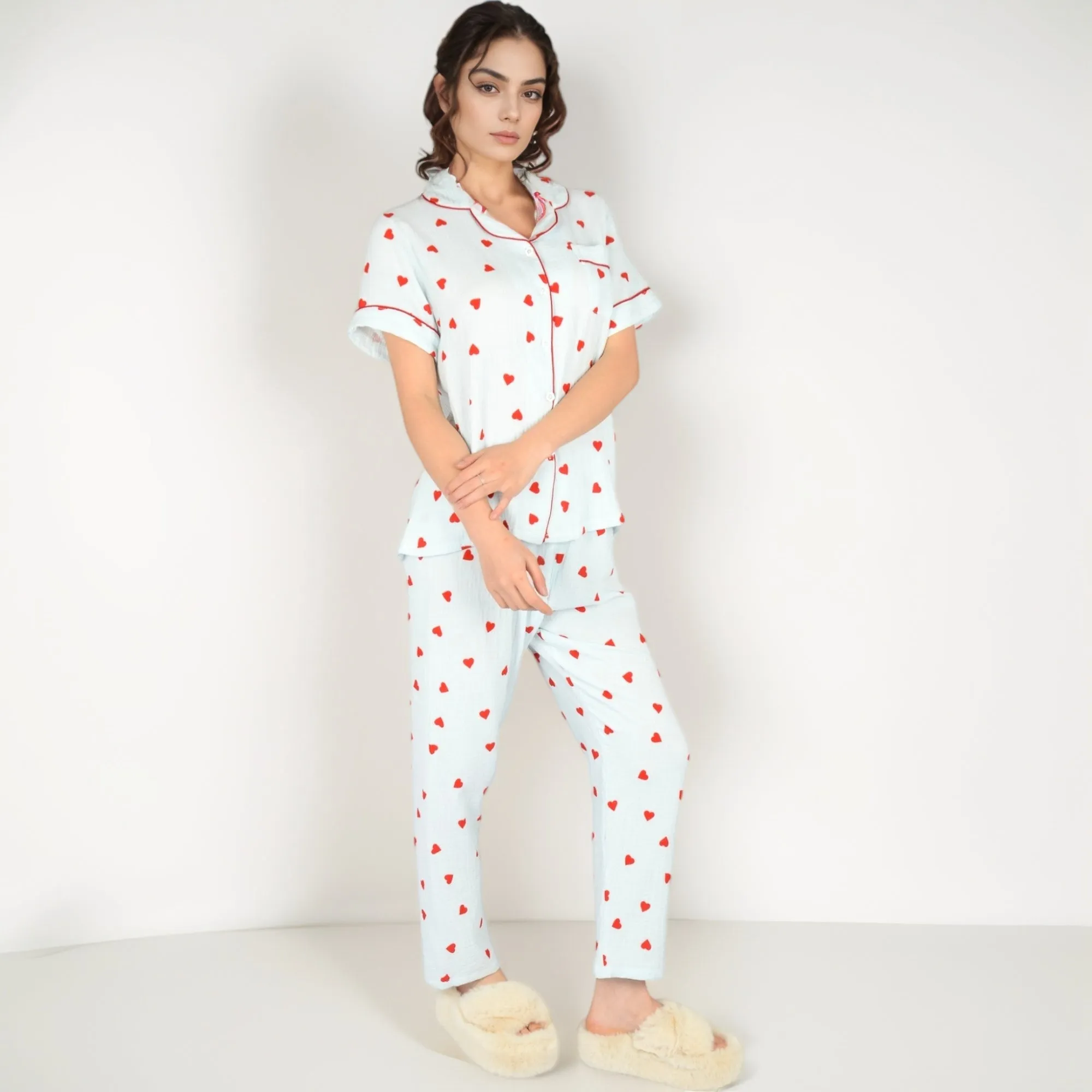 Anna-Kaci Women's Red Heart Print Pajama Set with Short Sleeve Button-Up Top and Relaxed Fit Elastic Waist Pants sold by Anna-Kaci product image thumbnail 3