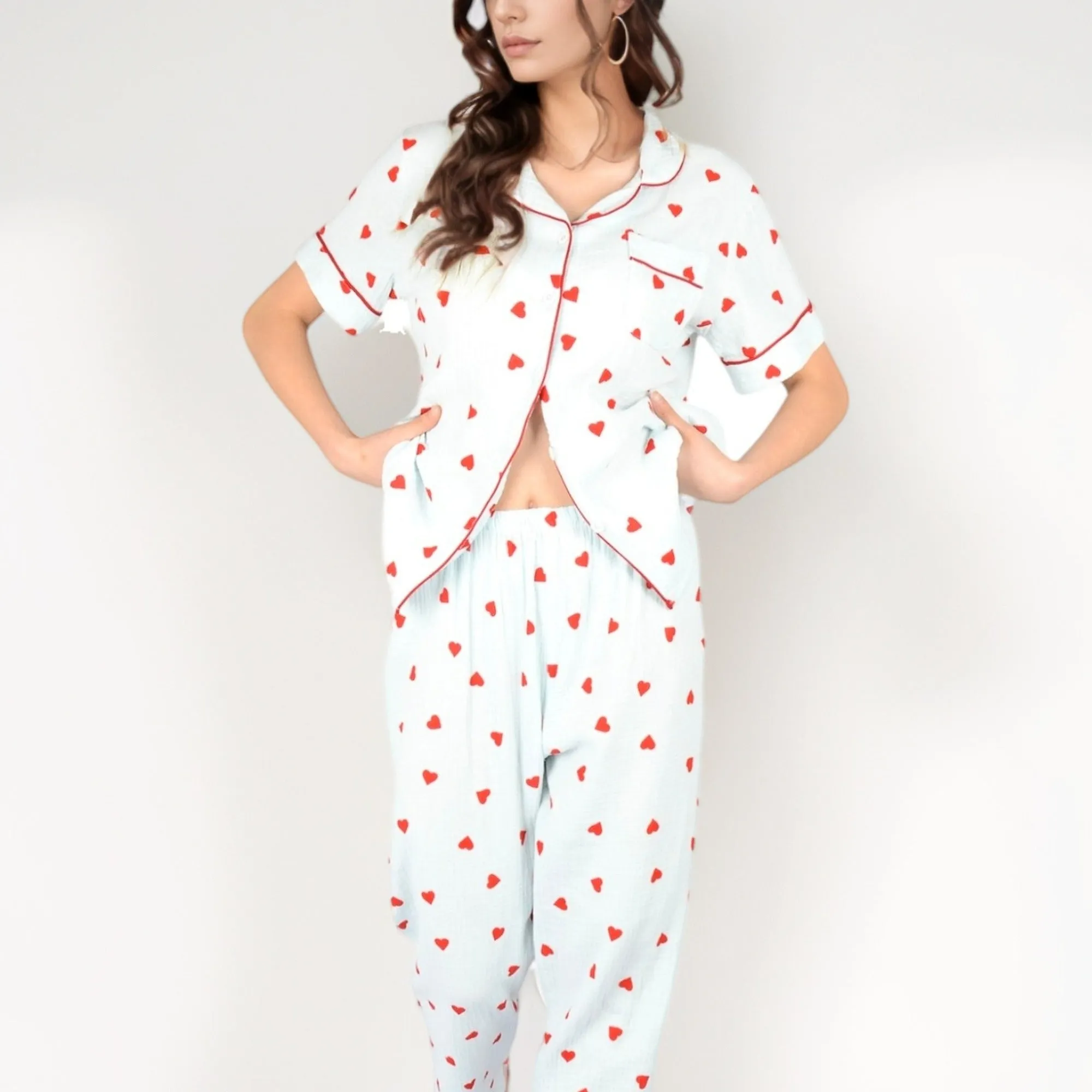 Anna-Kaci Women's Red Heart Print Pajama Set with Short Sleeve Button-Up Top and Relaxed Fit Elastic Waist Pants sold by Anna-Kaci product image thumbnail 4