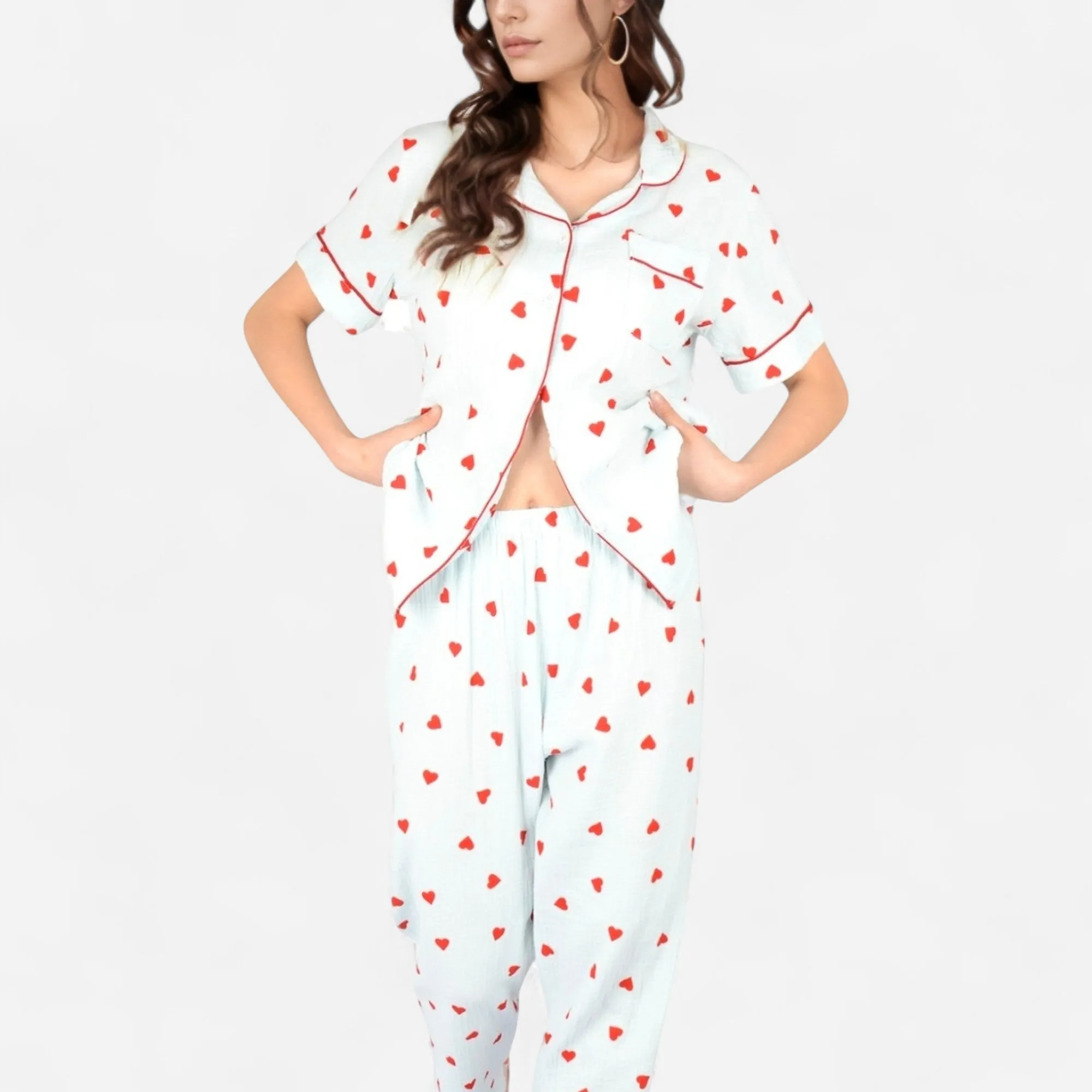 Anna-Kaci Women's Red Heart Print Pajama Set with Short Sleeve Button-Up Top and Relaxed Fit Elastic Waist Pants sold by Anna-Kaci